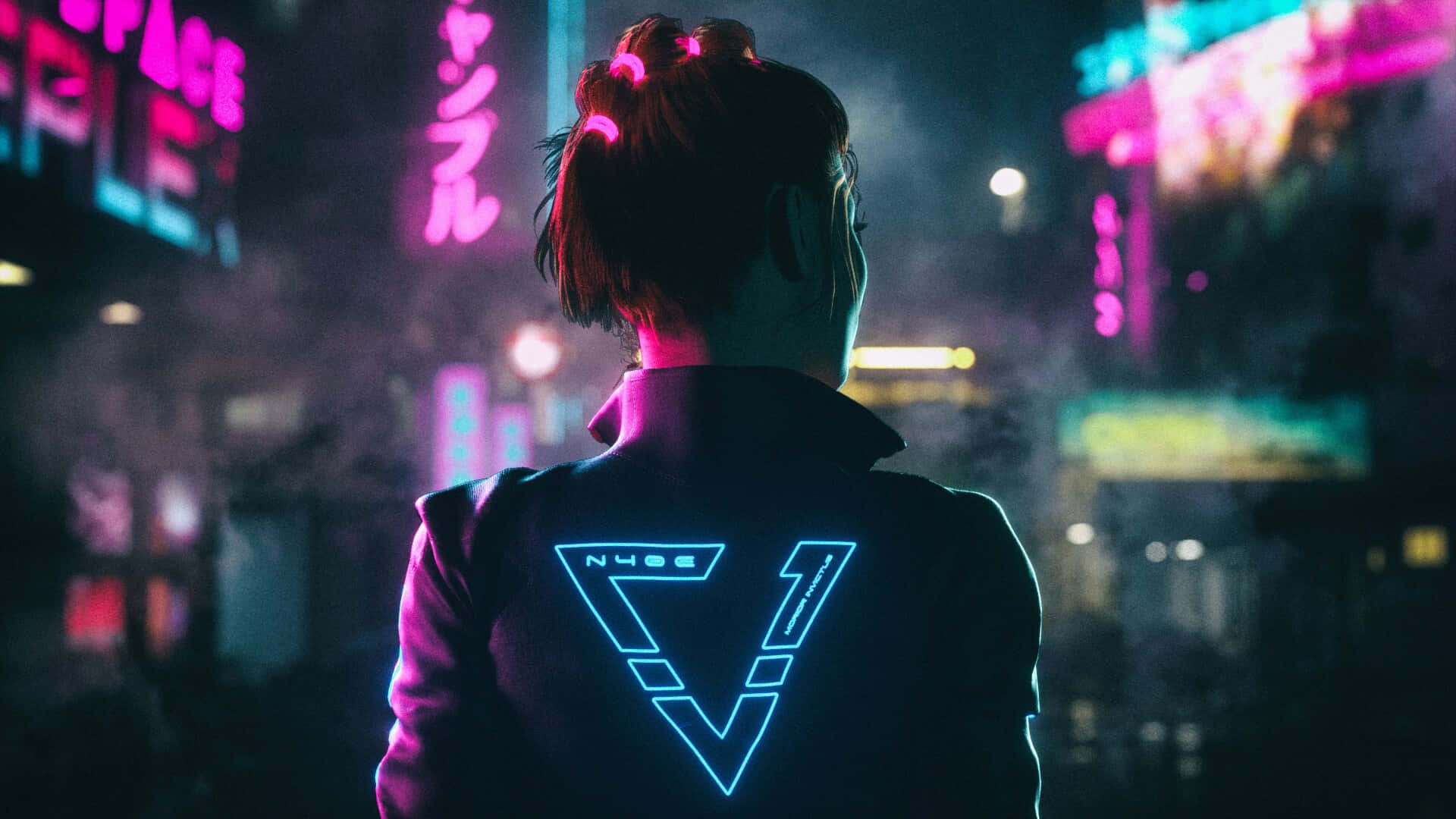 neon-lit cyberpunk city, red hair, bun, Full HD Desktop Wallpaper