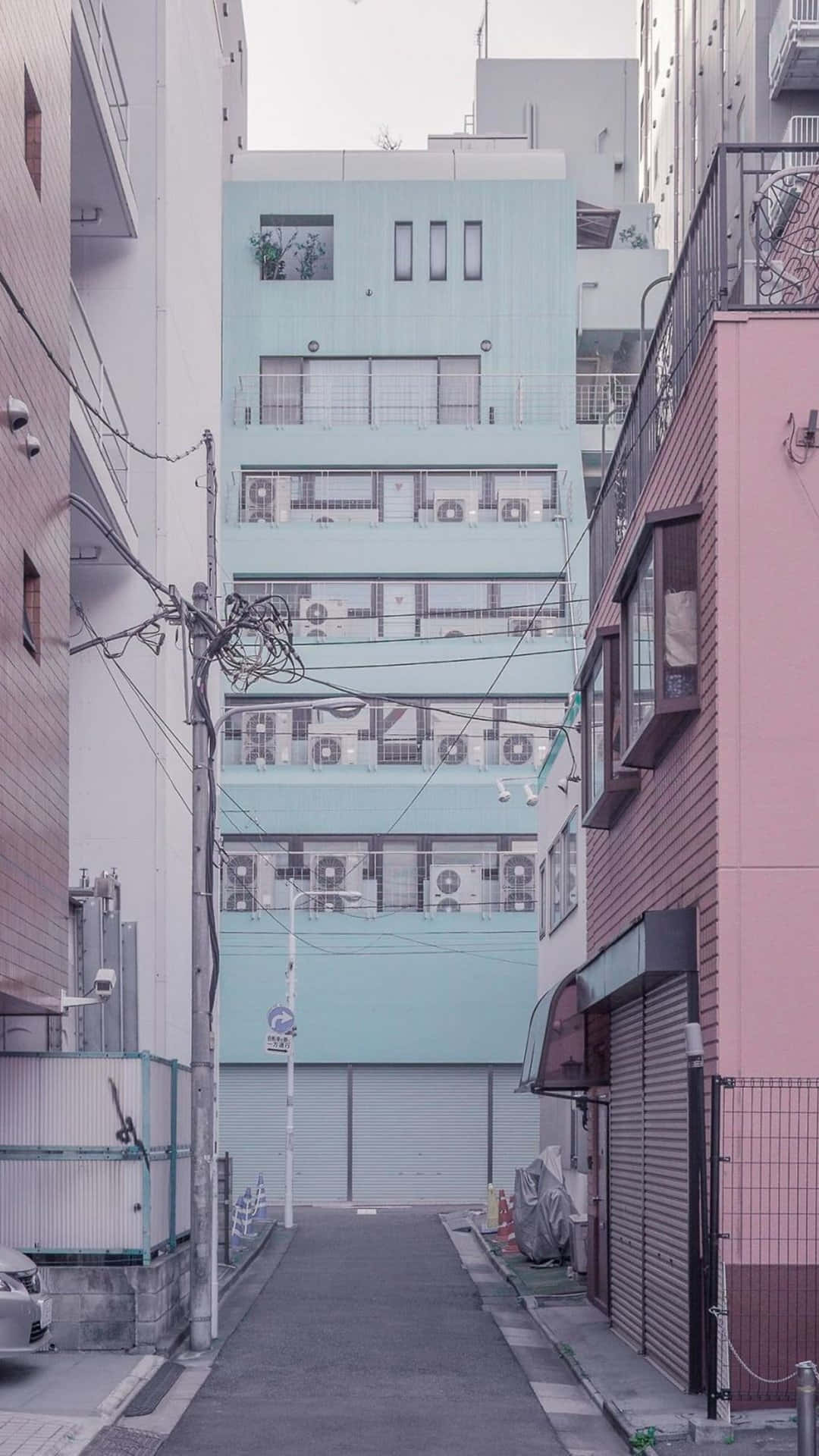 Japanese Street Pink Building Car Park, pink and teal buildings, narrow urban alleyway, Full HD Phone Wallpaper