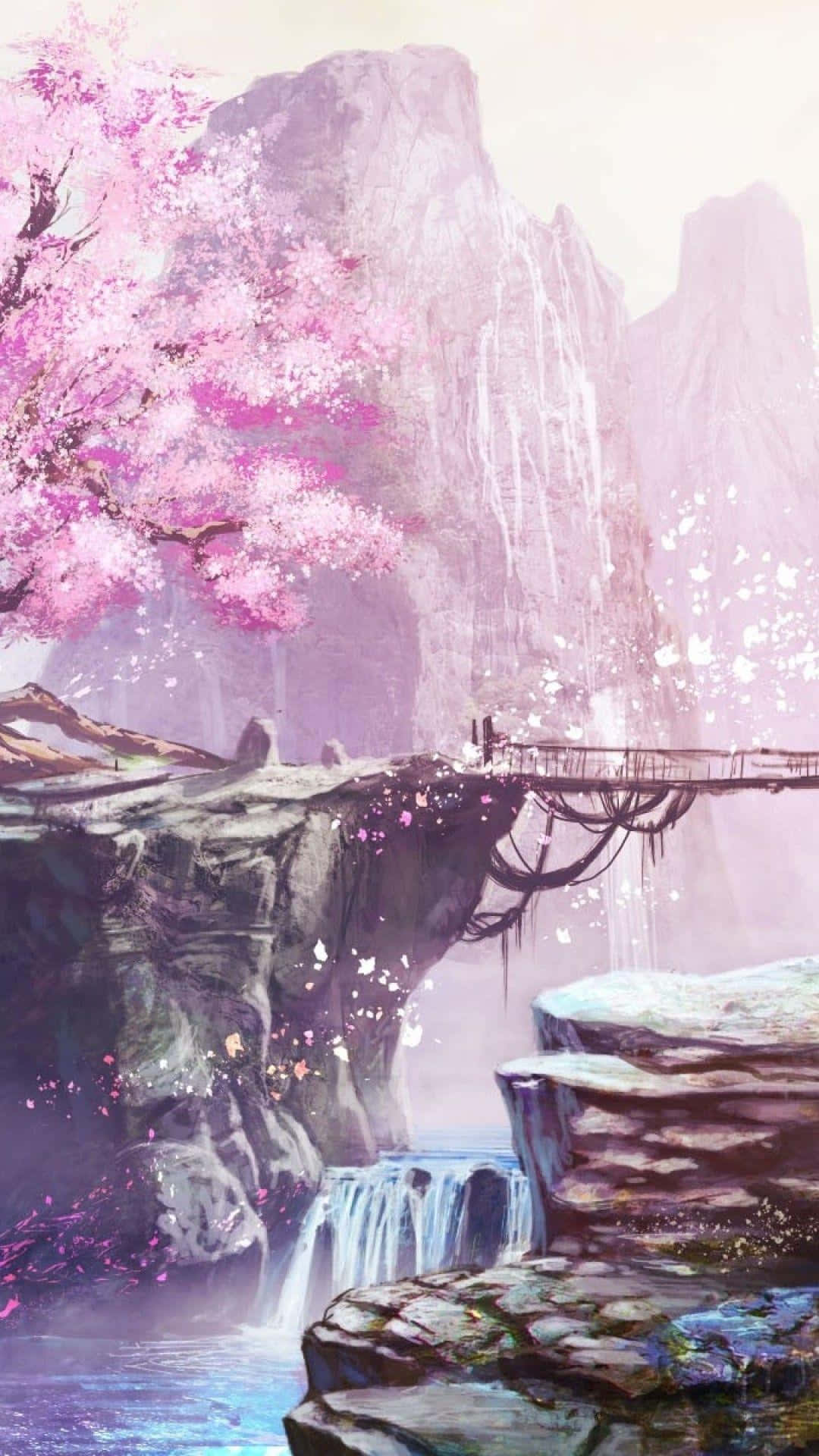 Japanese Pink, cherry blossom tree, waterfall, Full HD Phone Wallpaper