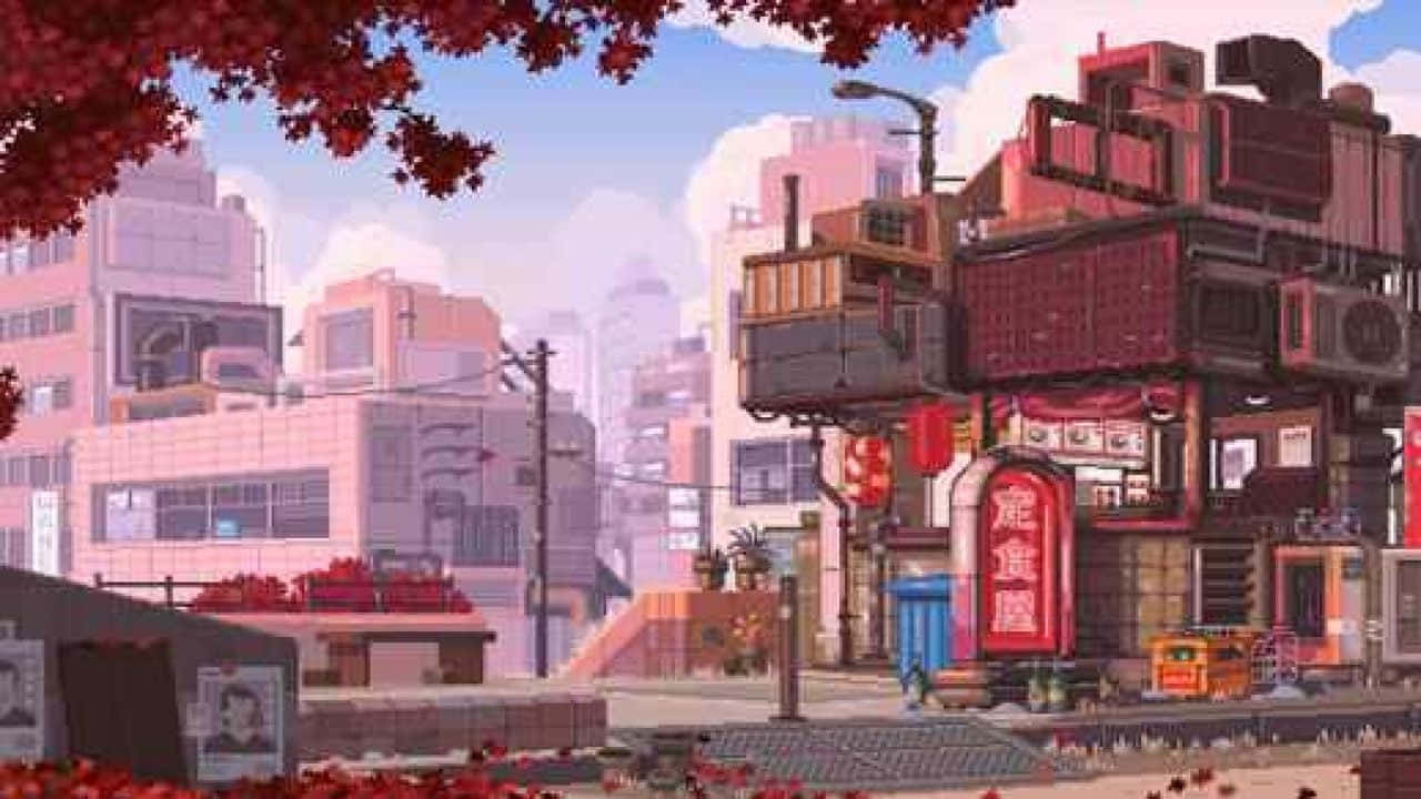 Japanese Pink, red maple leaves, anime-style cityscape, HD Desktop Wallpaper