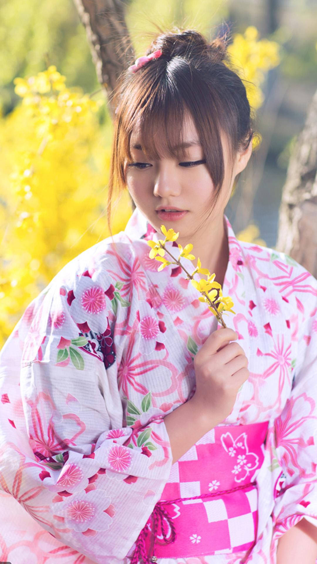 Japanese girl, pink kimono, yellow blossom branch, Full HD Phone Wallpaper