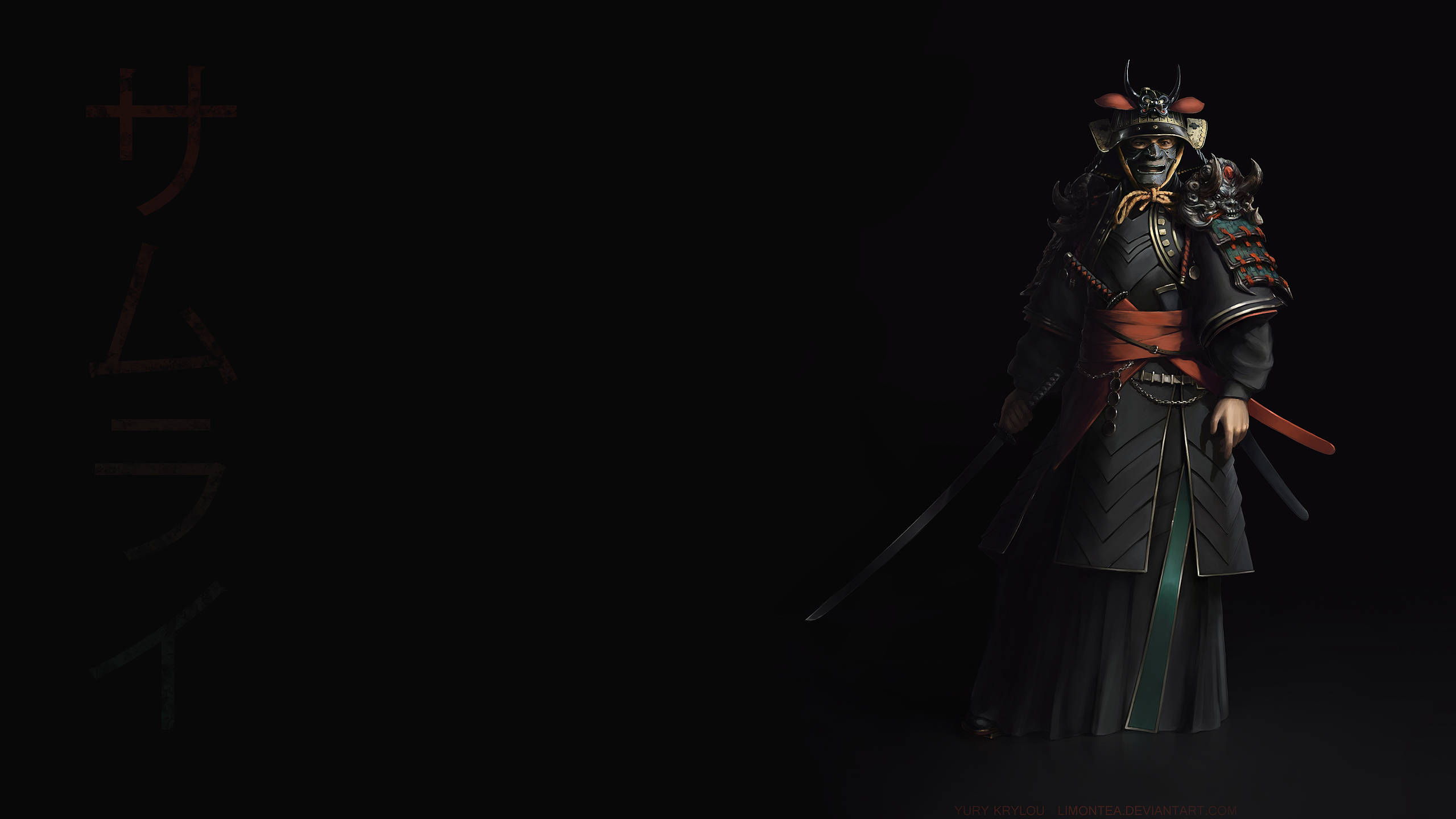 Japanese Samurai, two swords, ornate black armor, 2K Desktop Wallpaper
