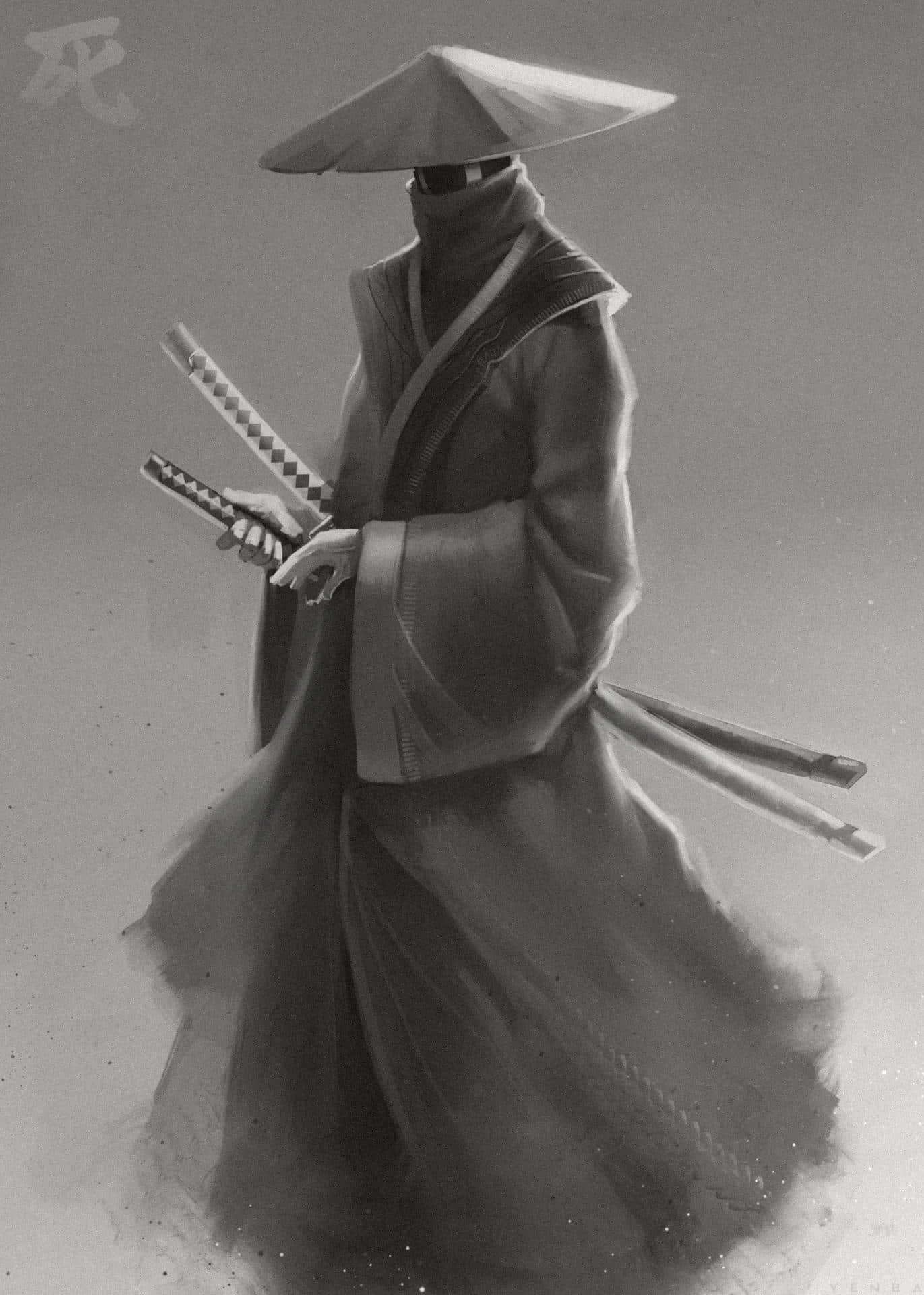 Japanese Samurai, cloaked samurai, wide-brimmed hat, Full HD Phone Wallpaper