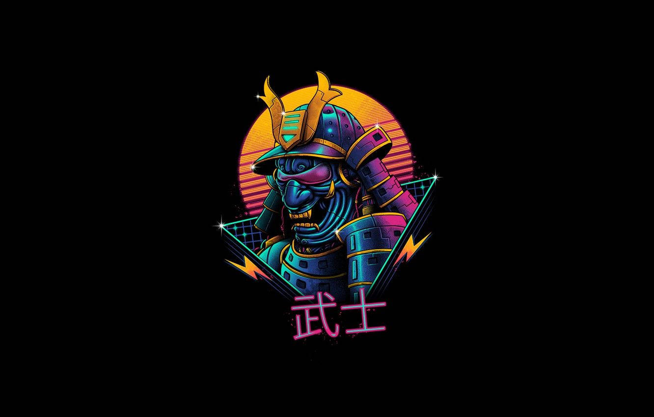 Japanese Samurai, neon-drenched, vibrant armor, HD Desktop Wallpaper