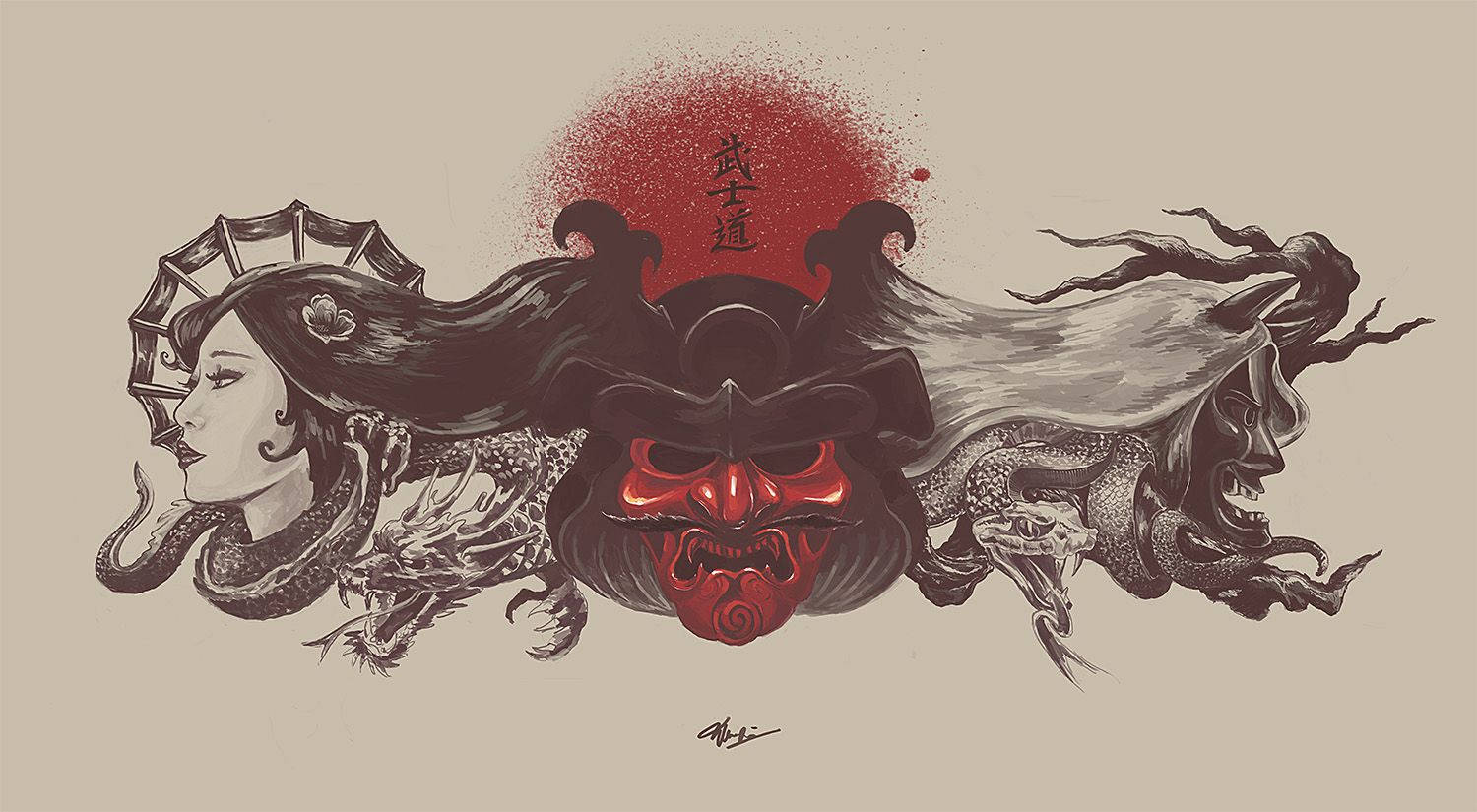 Japanese Samurai Woman, demon, red samurai mask, HD Desktop Wallpaper