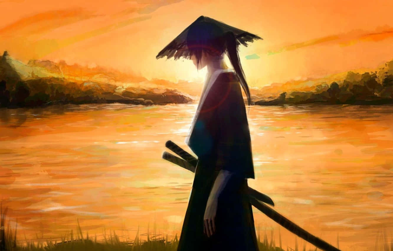 samurai anime warrior, traditional attire, vibrant orange sunset, HD Desktop Wallpaper