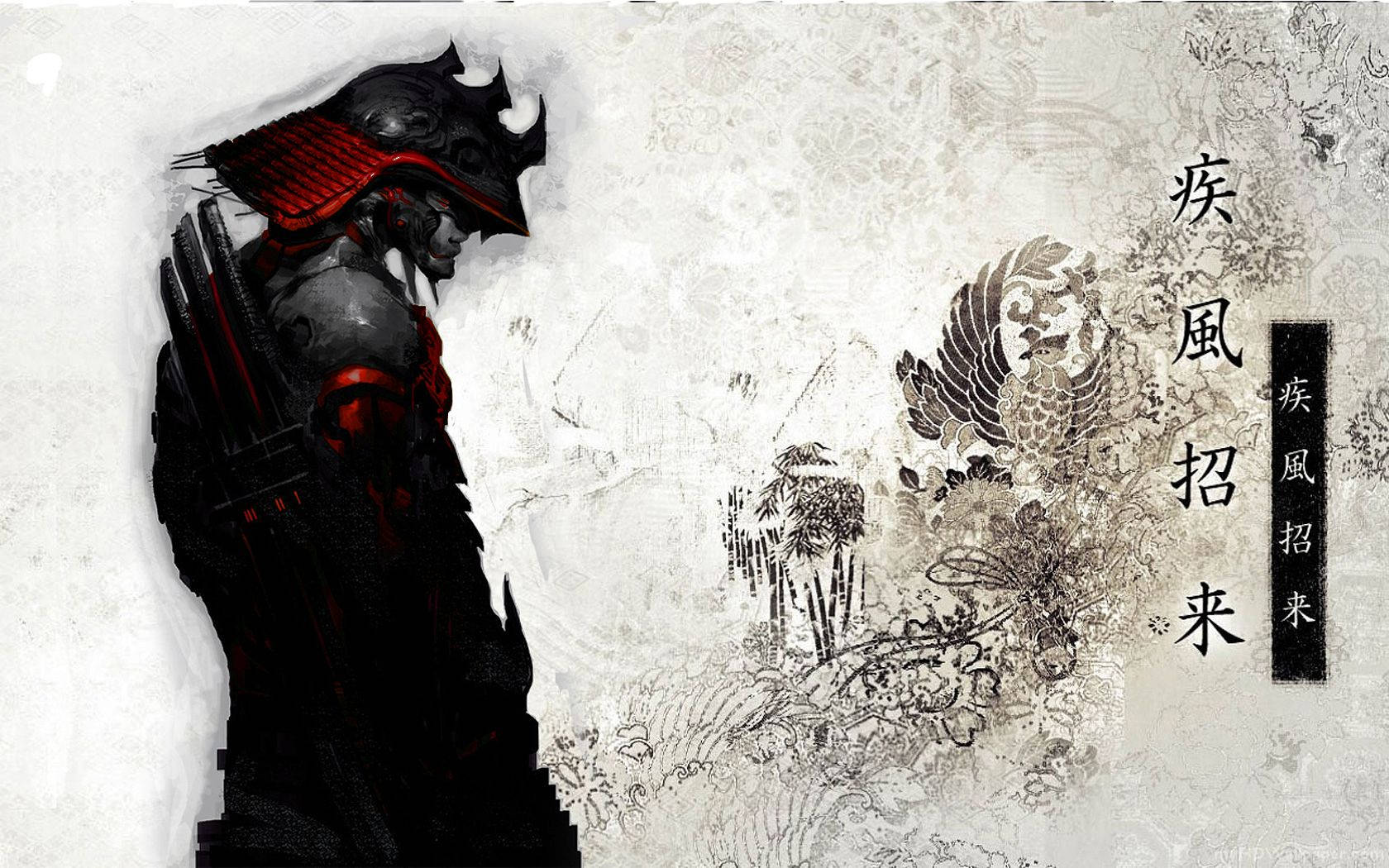 Japanese Samurai, black red armor, red accents, HD Desktop Wallpaper