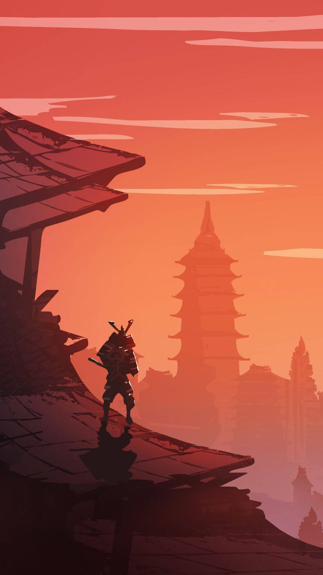 Japanese Samurai, sunset, temple roof, Full HD Phone Wallpaper