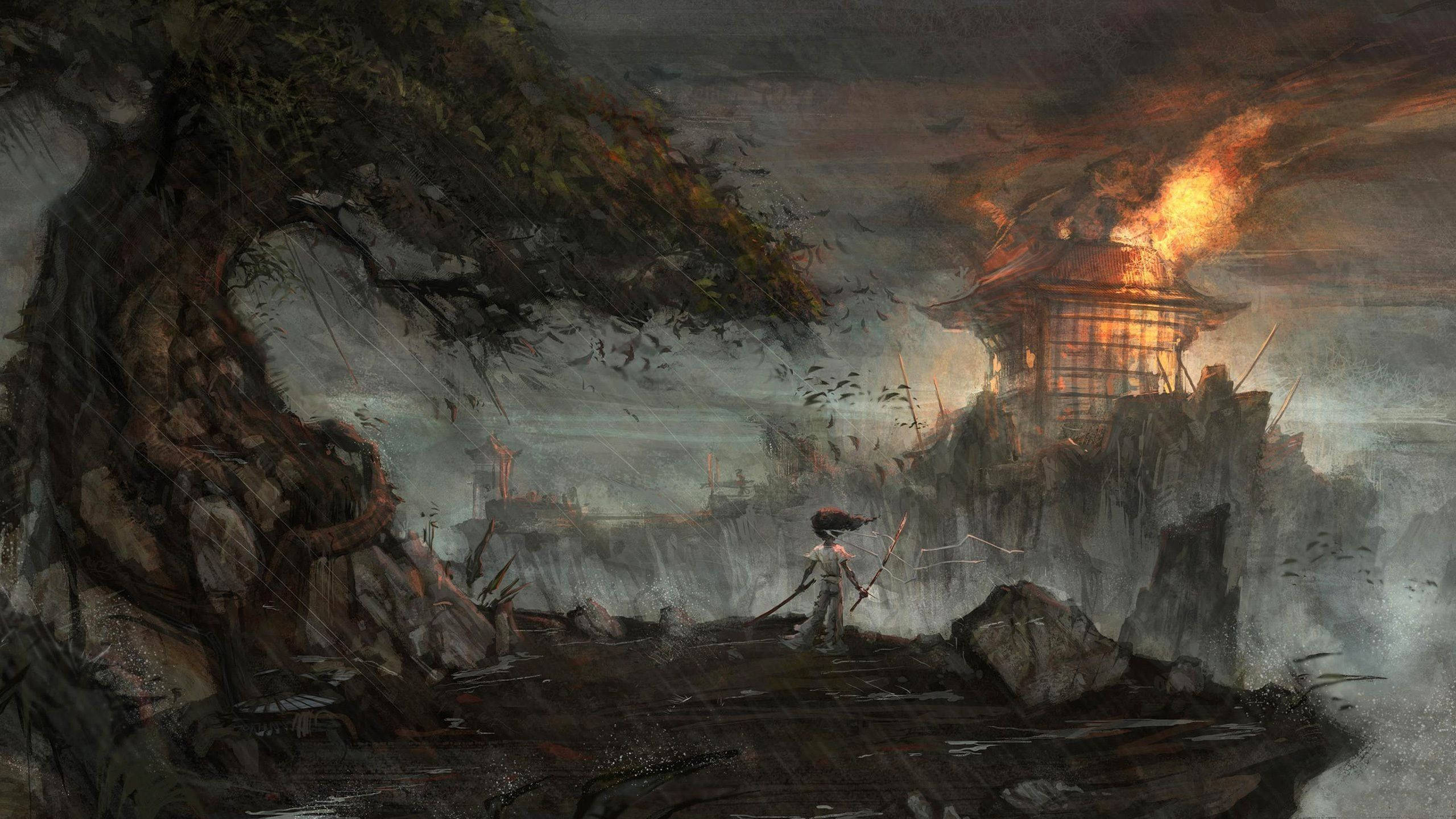 Japanese Samurai, burning temple, stormy cliffside, 2K Desktop Wallpaper