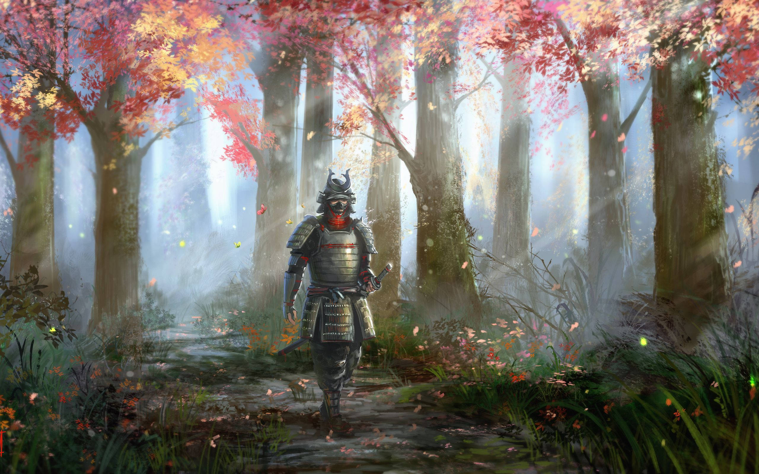 Japanese Samurai, full armor, misty forest, 2K Desktop Wallpaper
