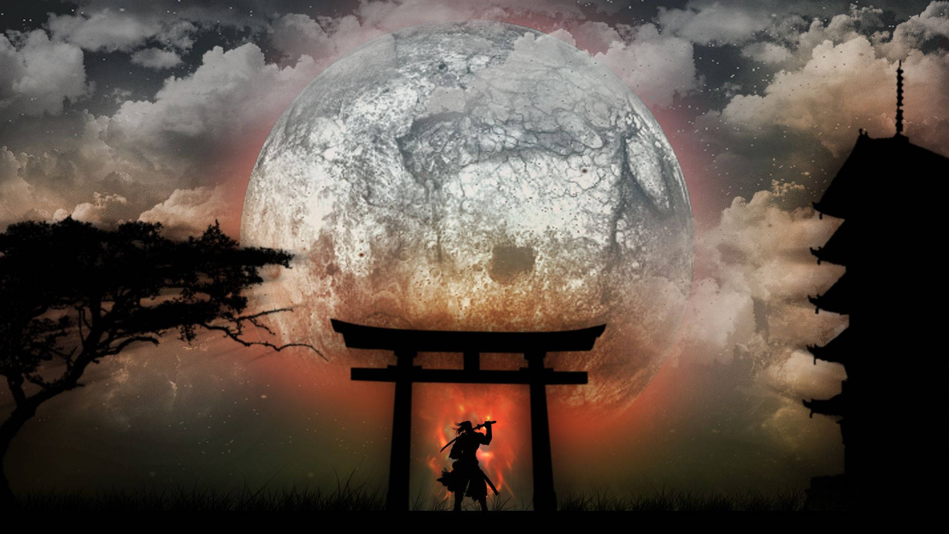 Japanese Samurai, moon, torii gate, Full HD Desktop Wallpaper