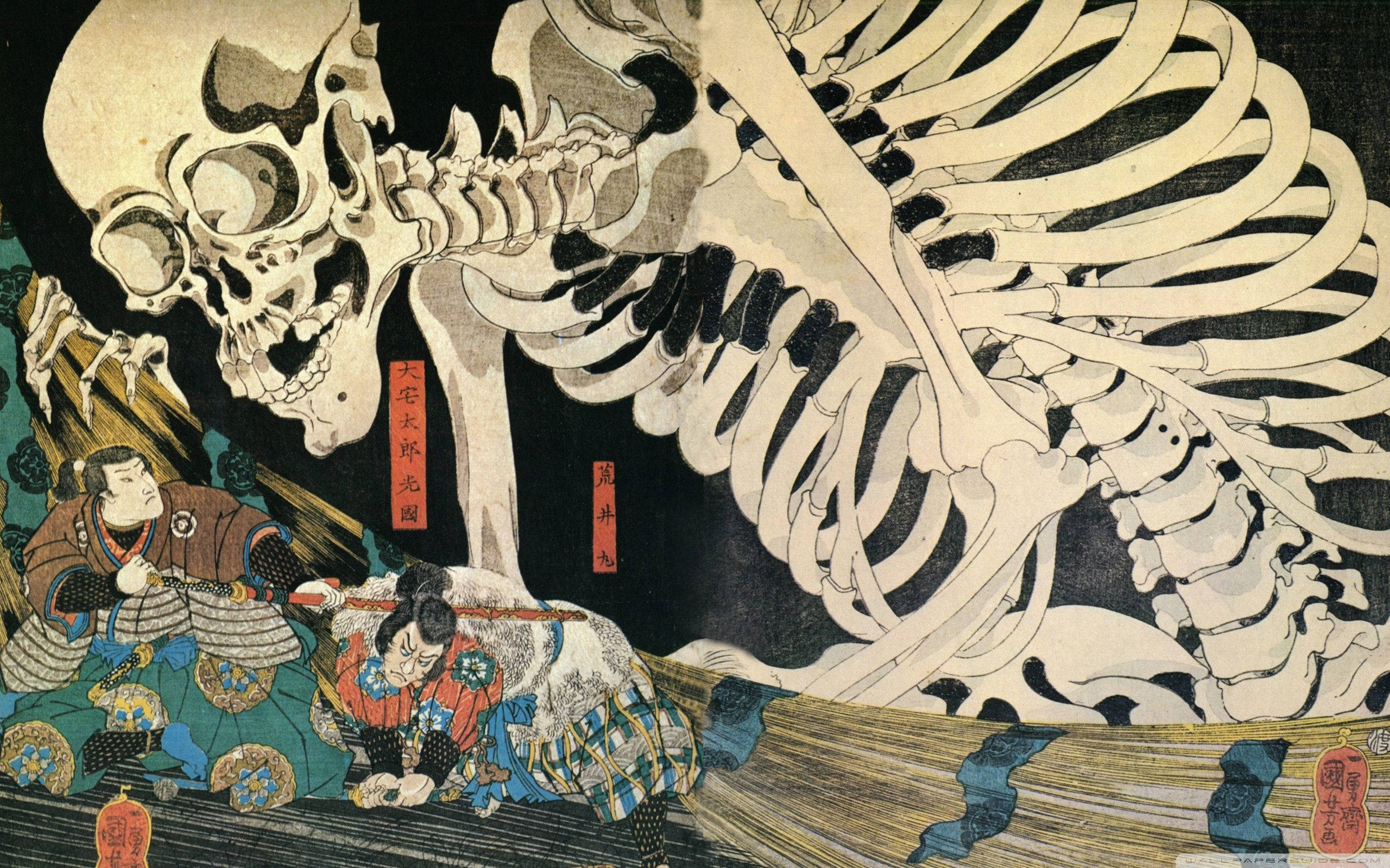 Japanese Samurai, skeleton, ukiyo-e woodblock print, 2K Desktop Wallpaper