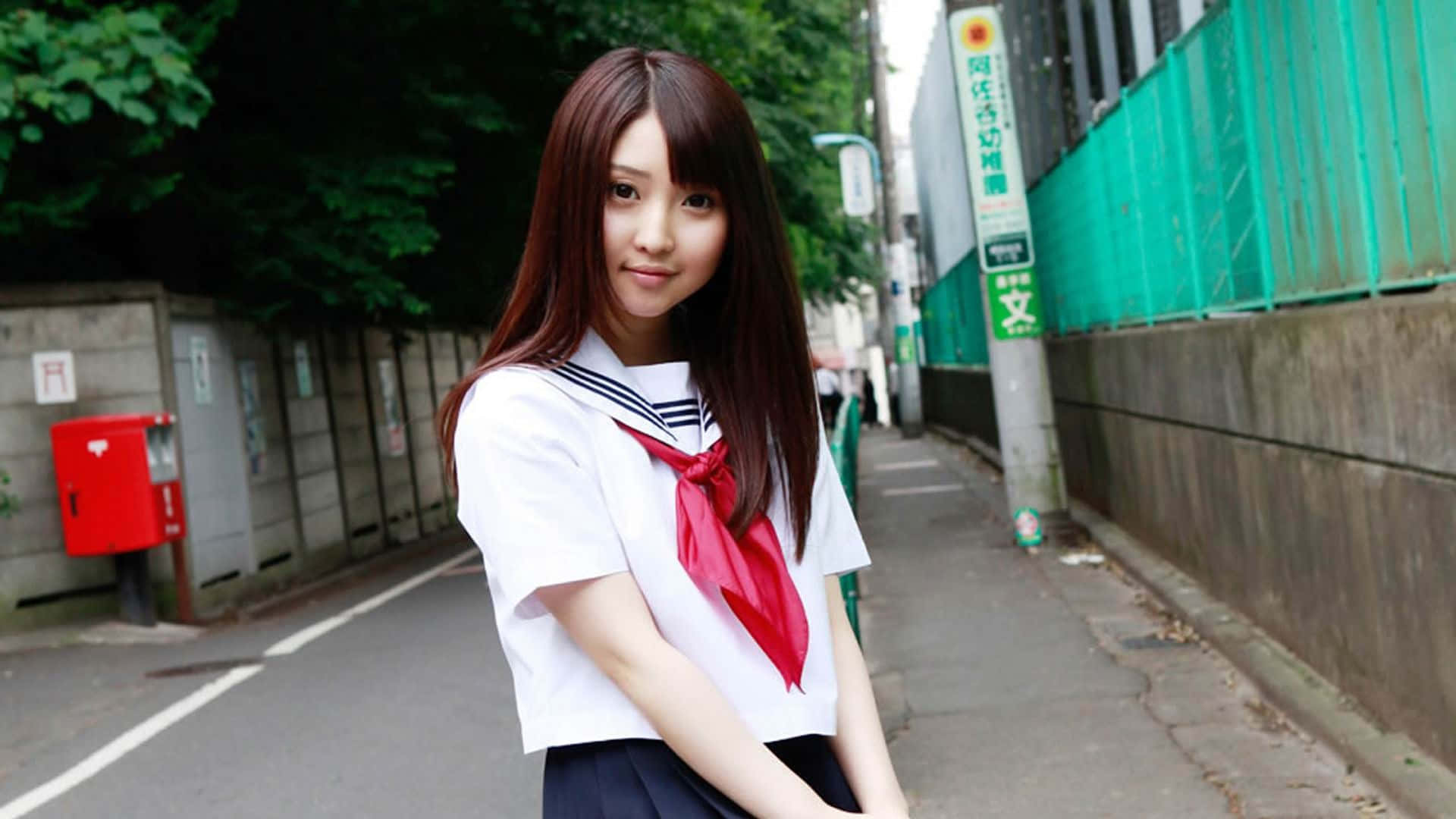 white sailor uniform, red ribbon, quiet urban street, Full HD Desktop Wallpaper
