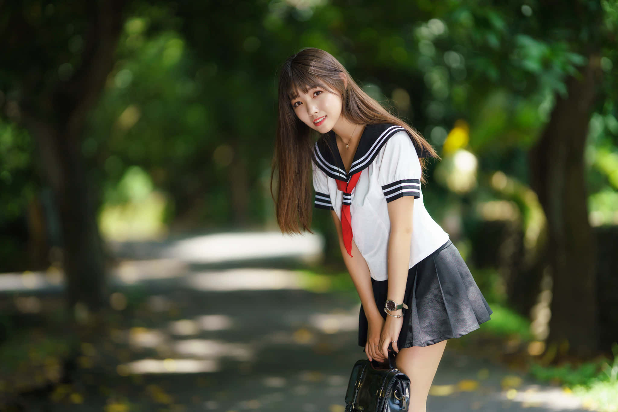 Japanese School Girl, sailor uniform, sun-dappled tree-lined path, Full HD Desktop Wallpaper