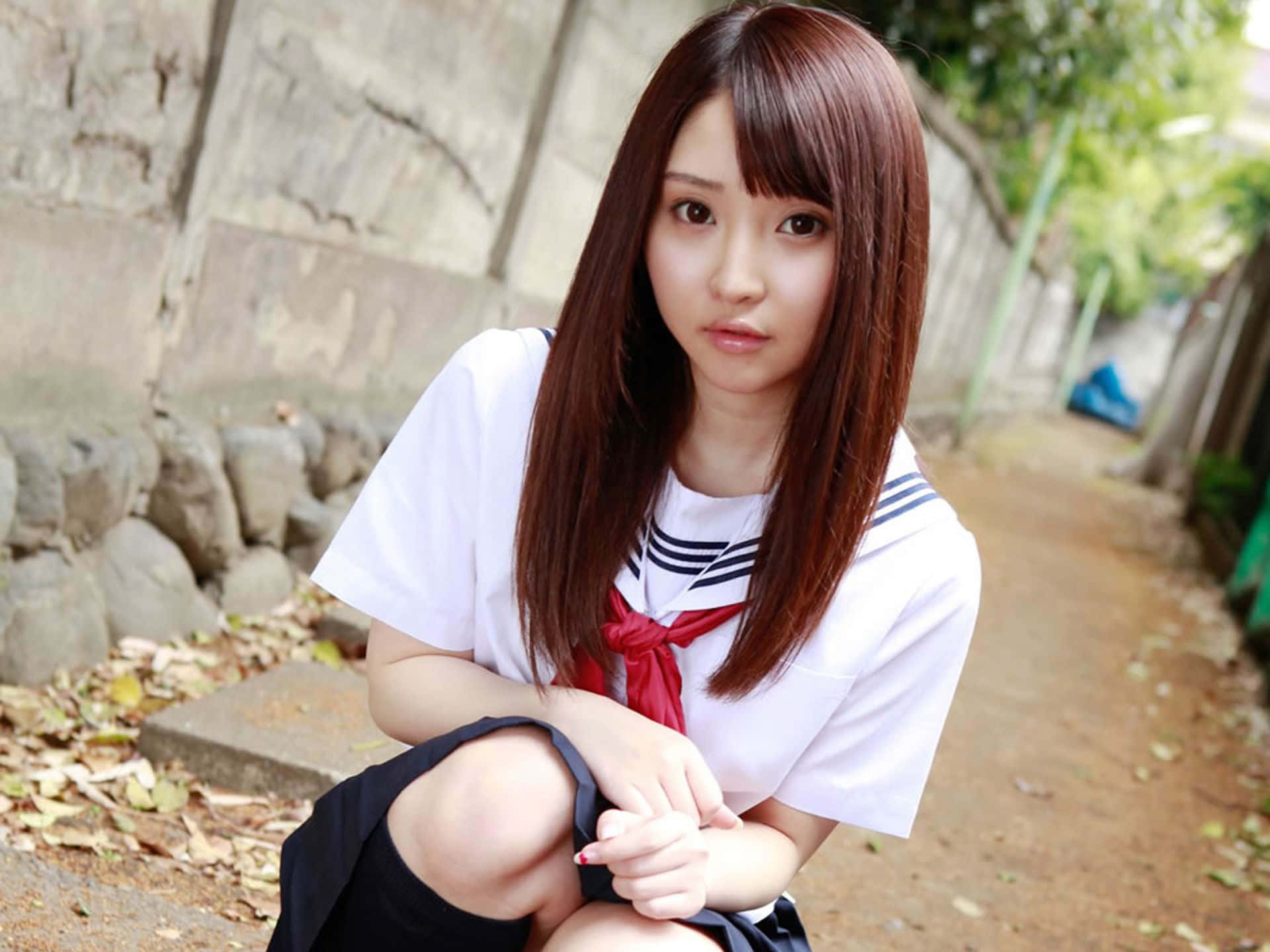 white sailor uniform, red ribbon, leafy dirt path, Full HD Desktop Wallpaper
