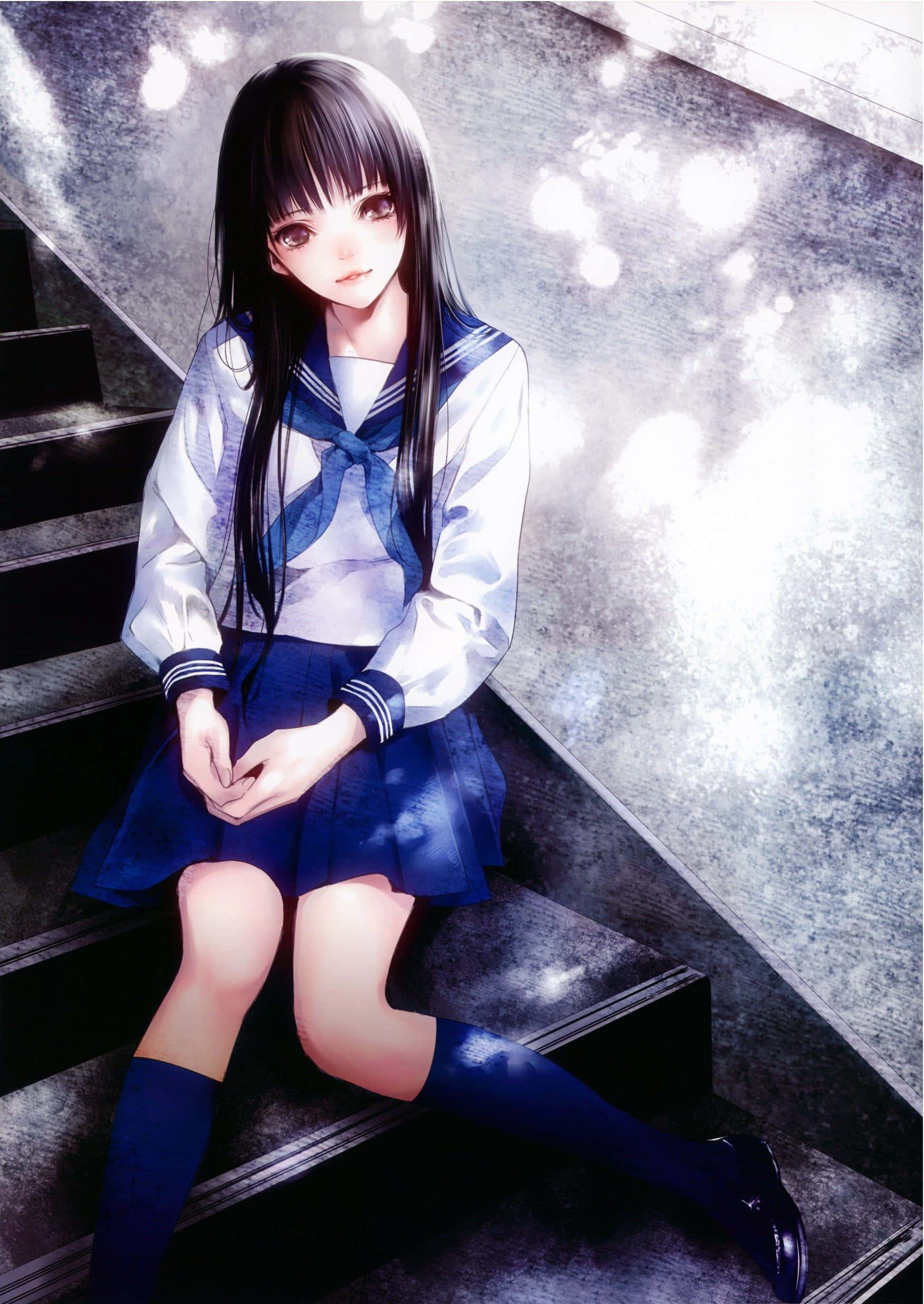 blue sailor uniform, concrete stairs, dappled sunlight, Full HD Phone Wallpaper