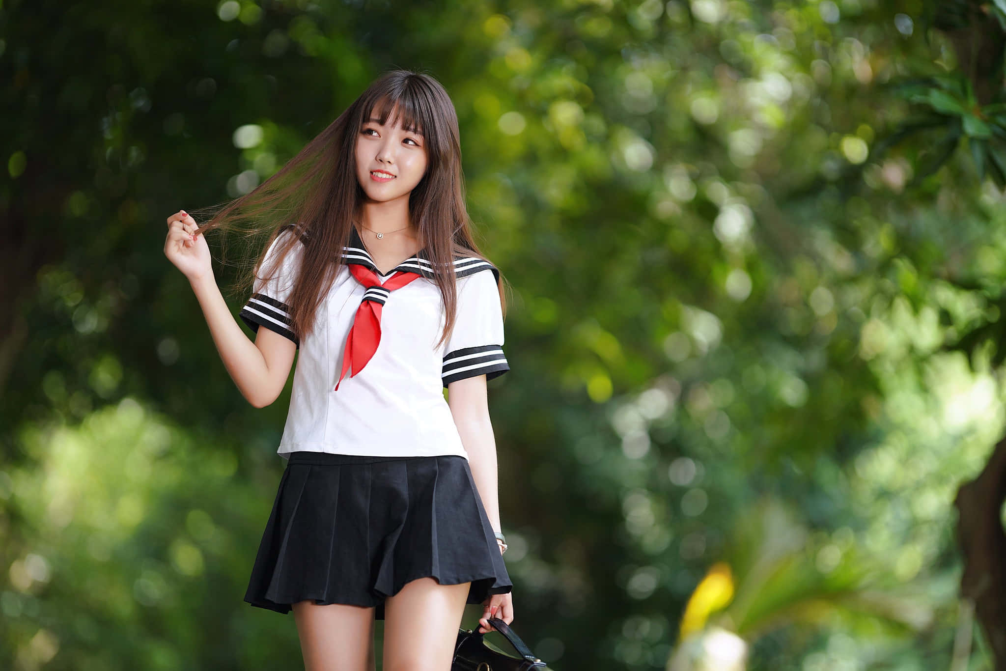 Japanese School Girl, white sailor uniform, red tie, Full HD Desktop Wallpaper