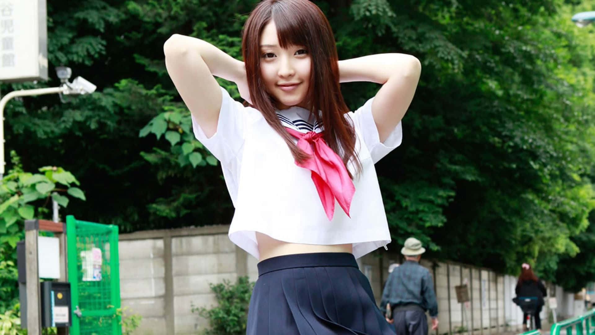 white cropped sailor uniform, red neckerchief, lush green trees, Full HD Desktop Wallpaper