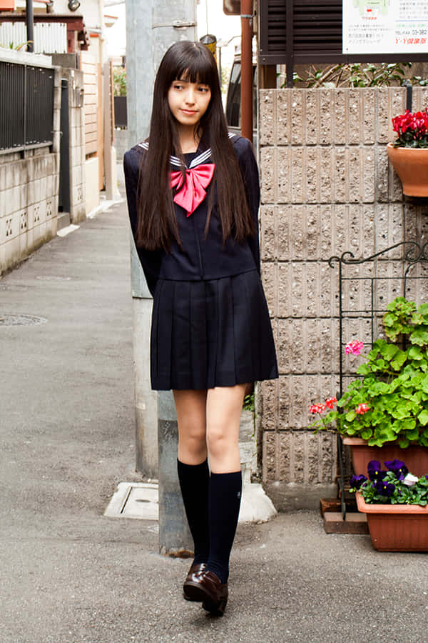 navy sailor uniform, red bow, narrow urban alleyway, SD Phone Wallpaper