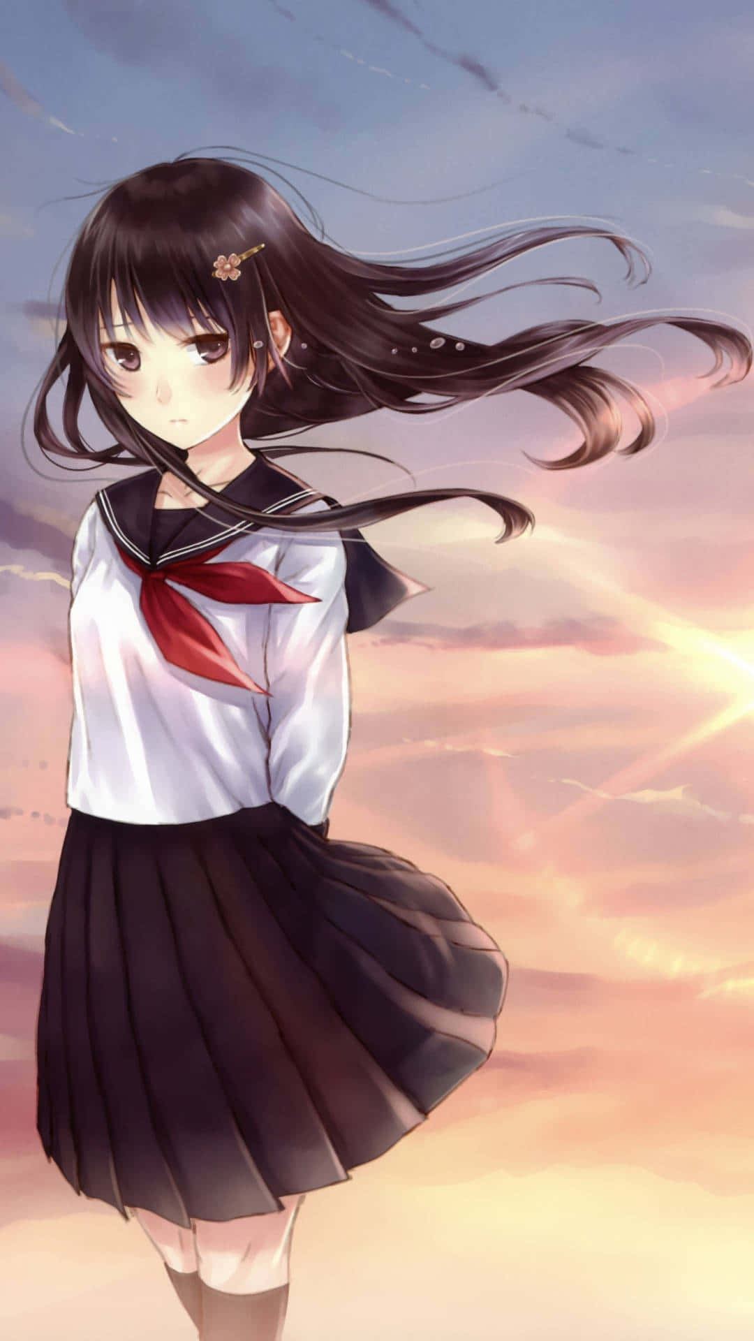 Japanese School Anime Girl, sailor uniform, soft sunset sky, Full HD Phone Wallpaper
