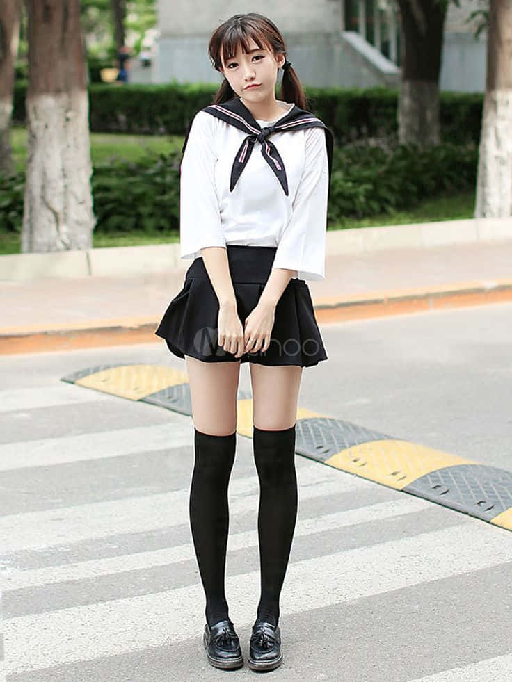 Japanese School Girl, sailor uniform, pedestrian crosswalk, SD Phone Wallpaper