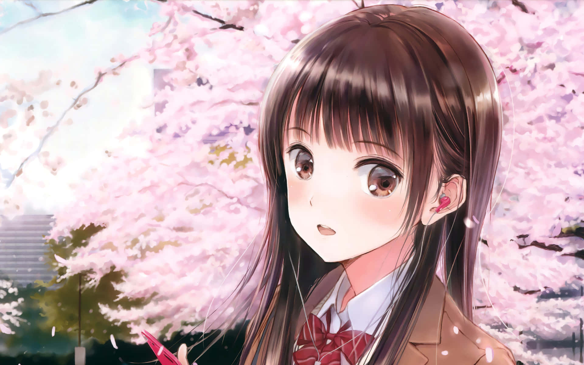 Japanese School Anime Girl, school uniform, pink cherry blossoms, Full HD Desktop Wallpaper