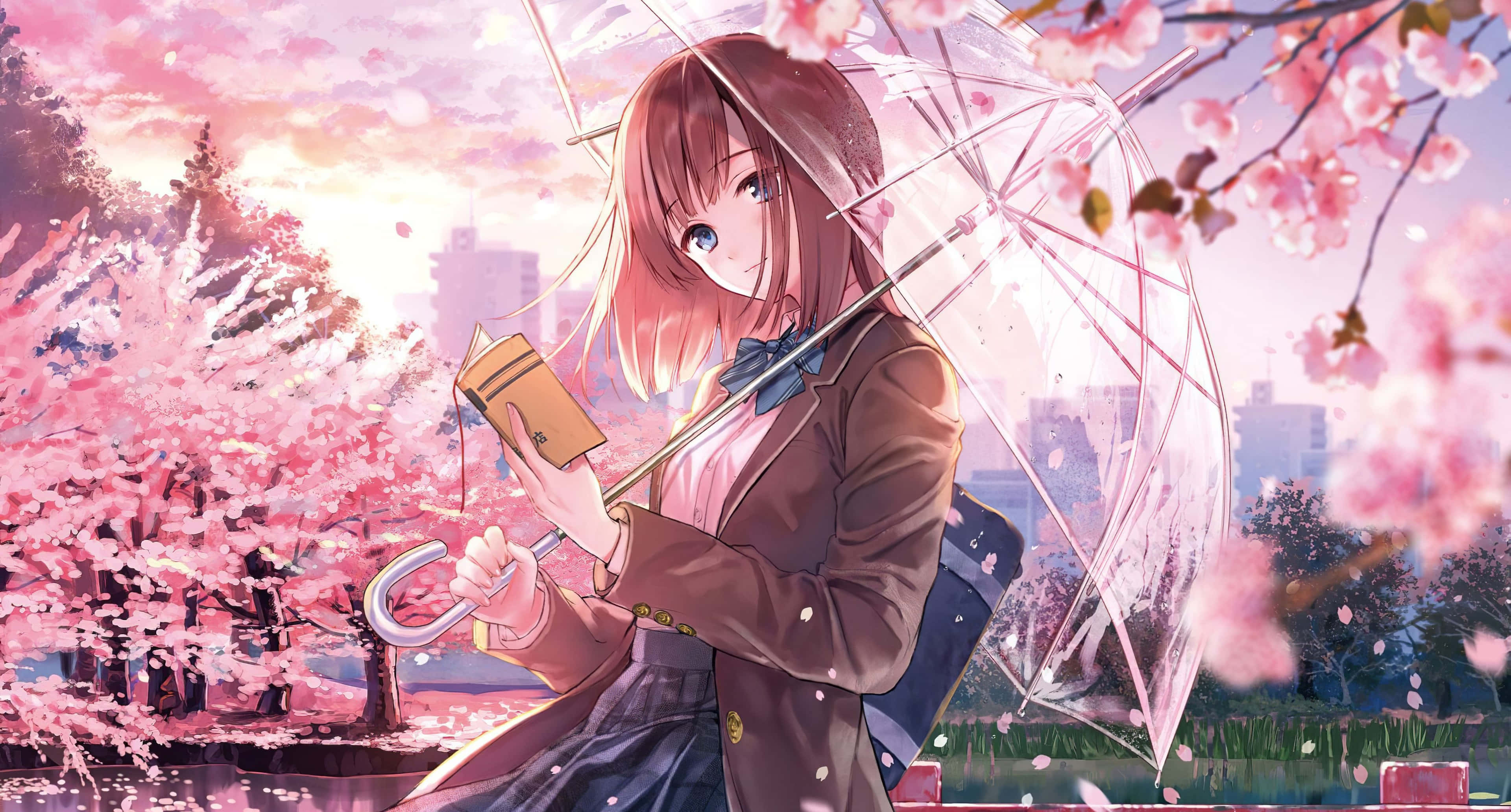 sakura anime, pink hair, clear umbrella, 4K Desktop Wallpaper