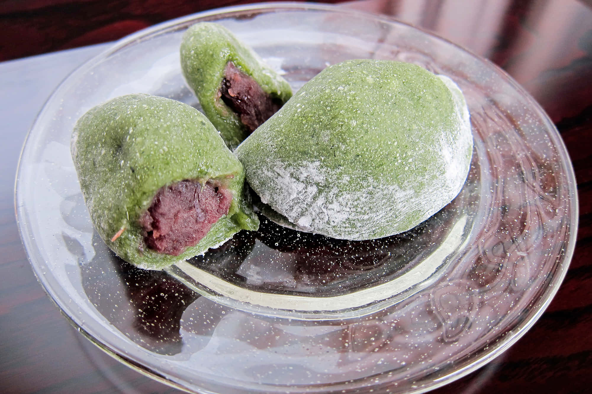 matcha mochi, red bean filling, powdered sugar, Full HD Desktop Wallpaper