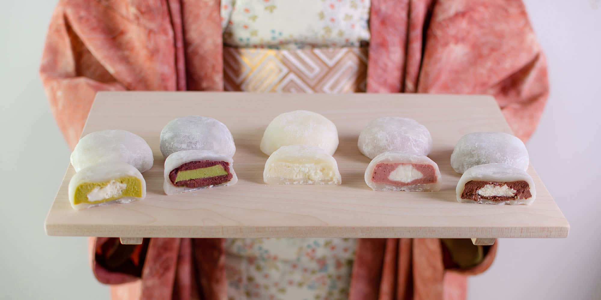 floral kimono, wooden tray, mochi, Full HD Desktop Wallpaper