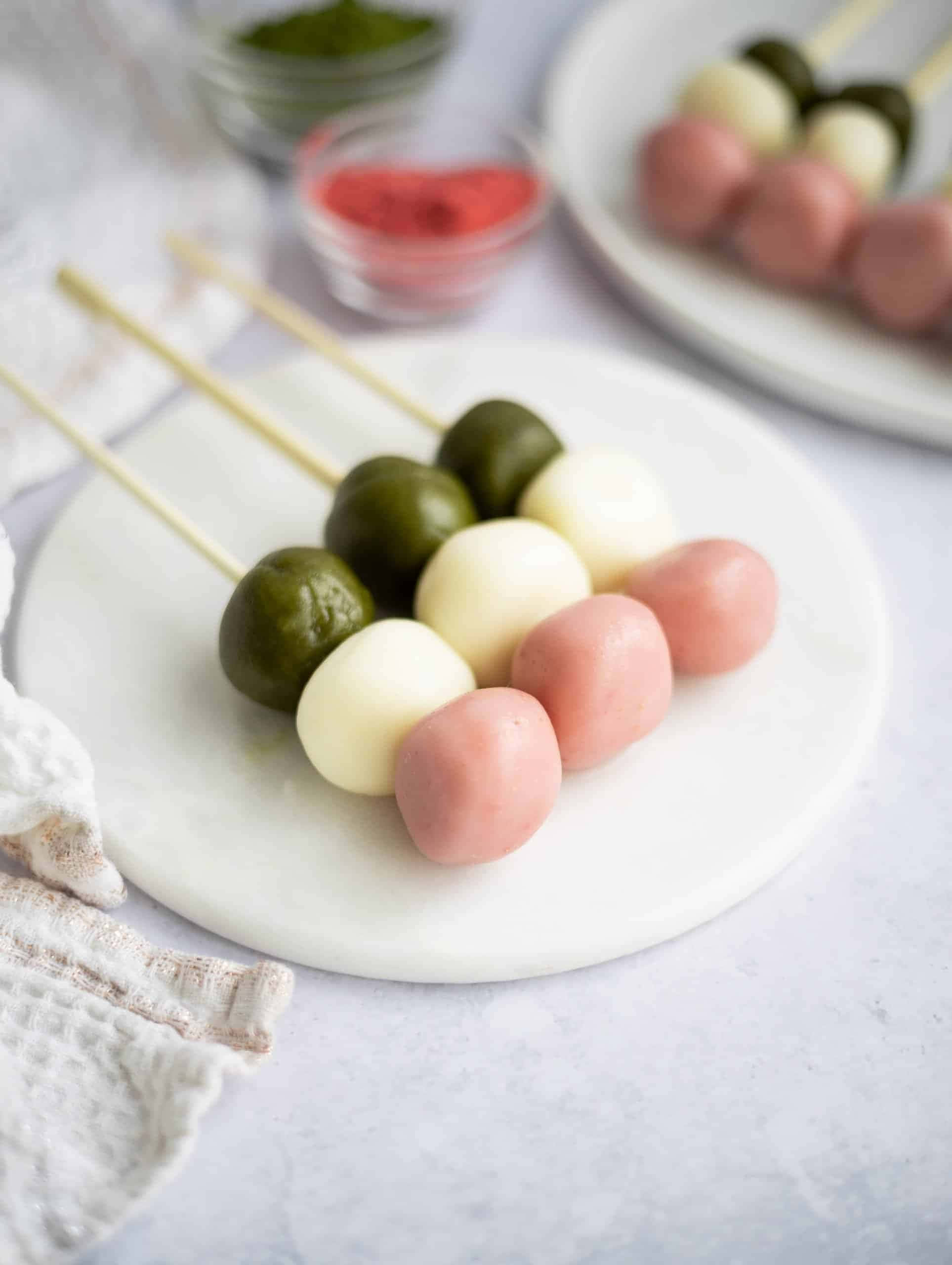 dango dumplings, skewers, white plate, 2K Phone Wallpaper
