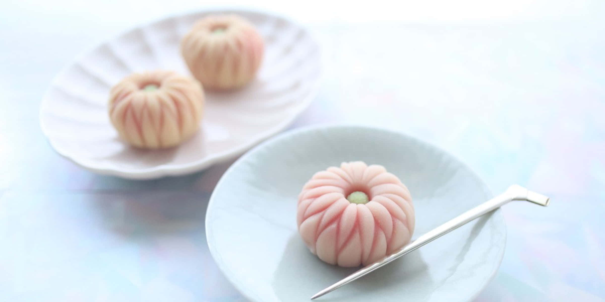 pumpkin-shaped mochi, pink and white, white plates, Full HD Desktop Wallpaper