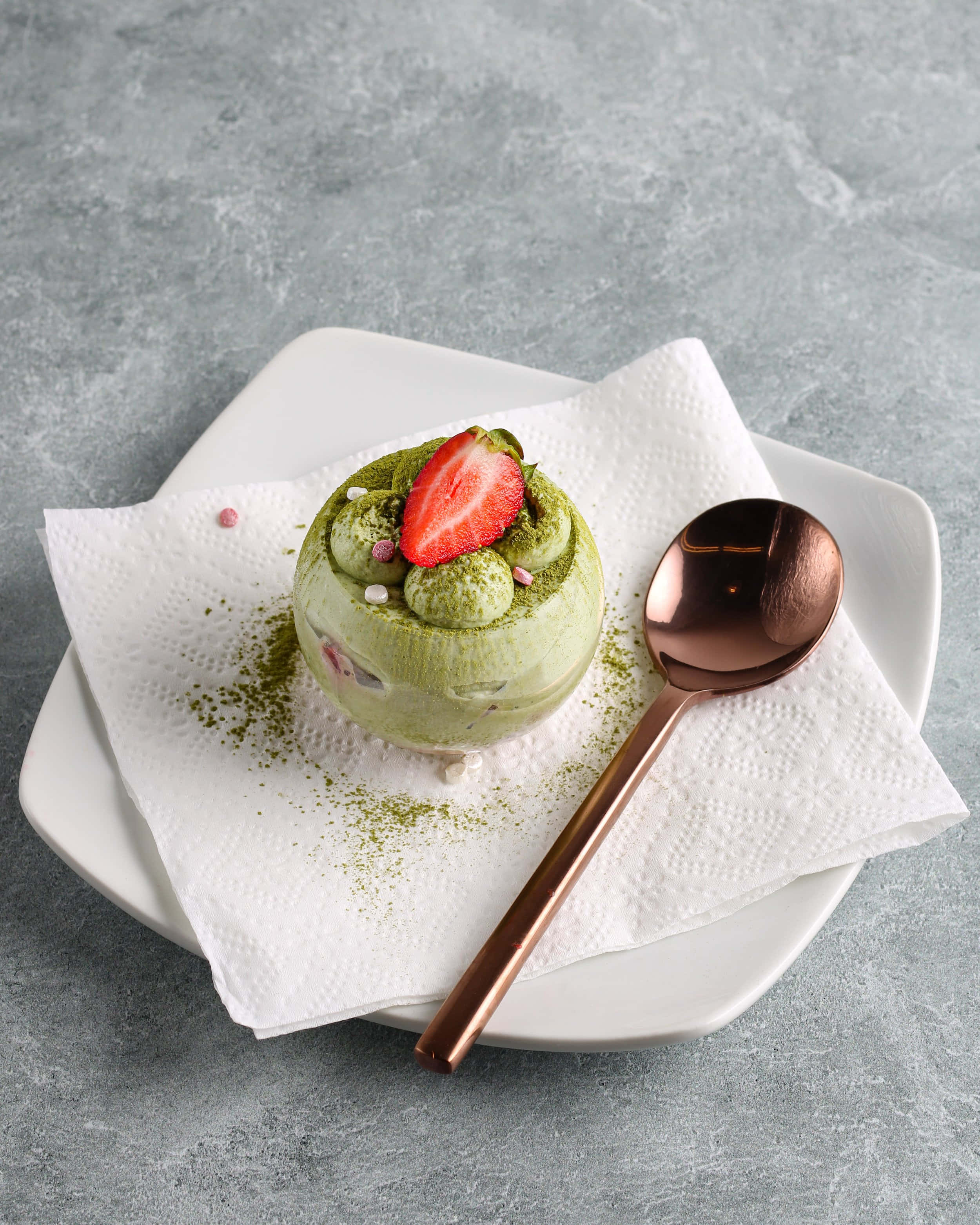 matcha dessert, strawberry, pink sprinkles, 2K Phone Wallpaper
