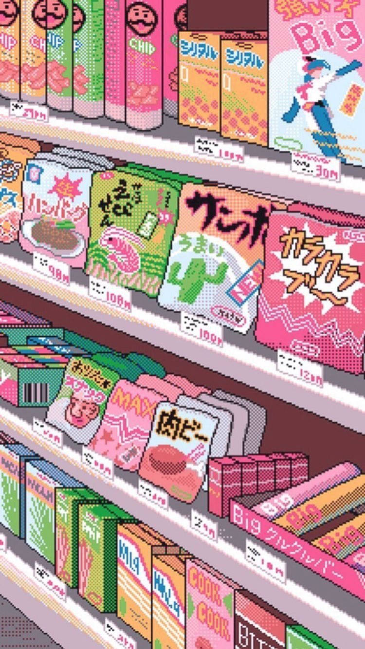 80s anime aesthetic, pink shelf, colorful Japanese snack boxes, HD Phone Wallpaper