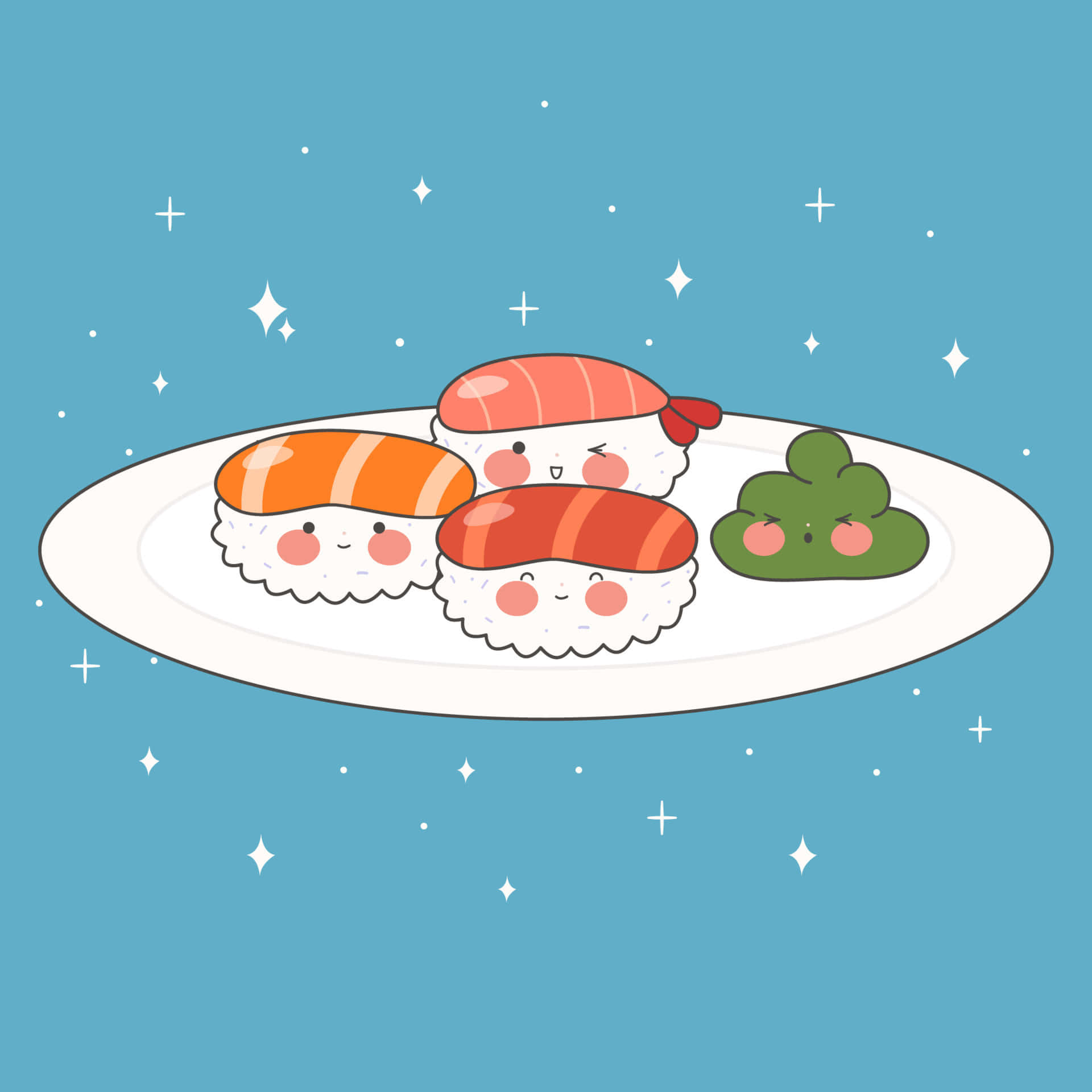 kawaii japanese food, sushi pieces, wasabi, Full HD Desktop Wallpaper