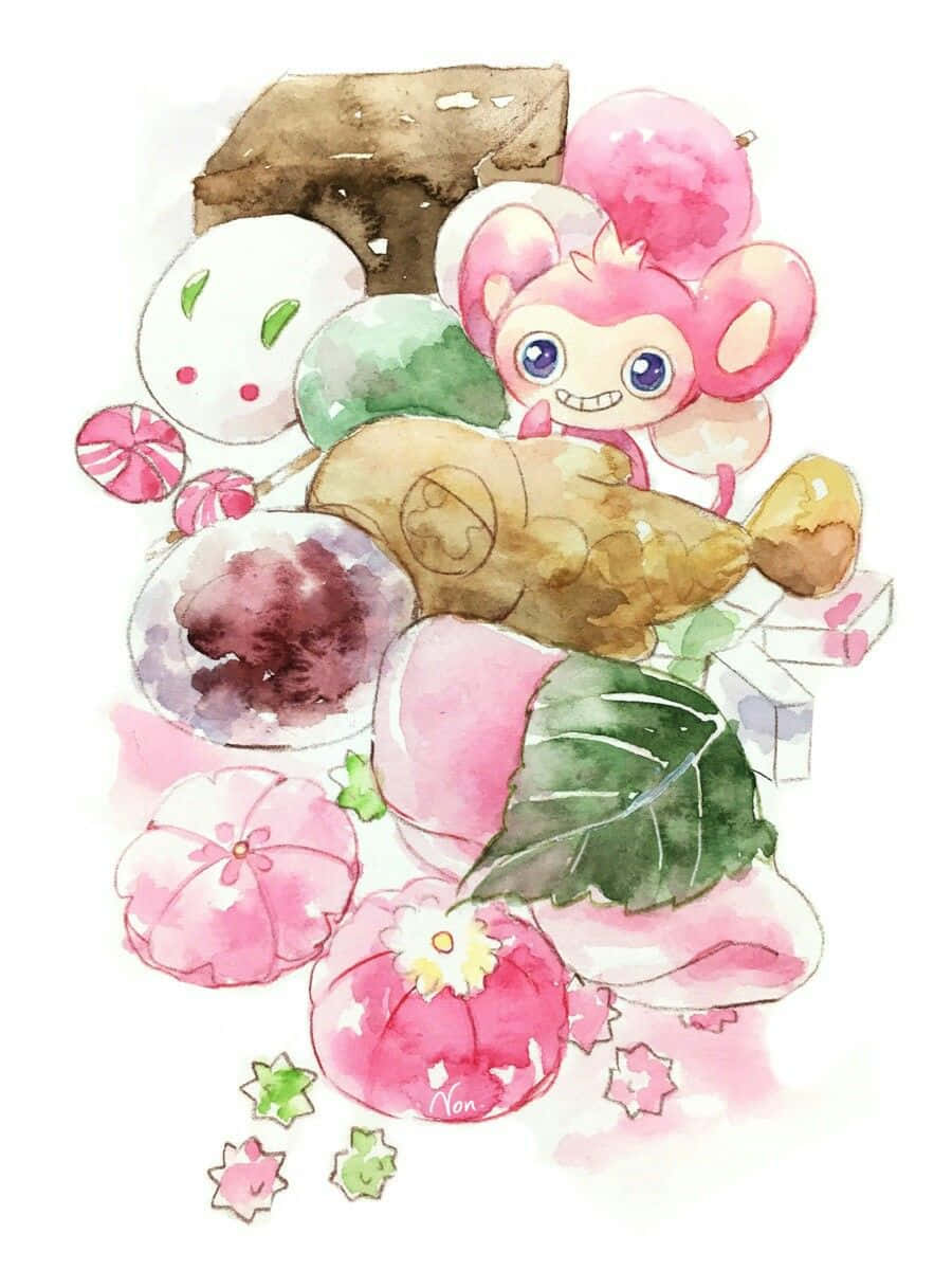 kawaii pokemon, watercolor sweets, pink cartoon mouse, SD Phone Wallpaper
