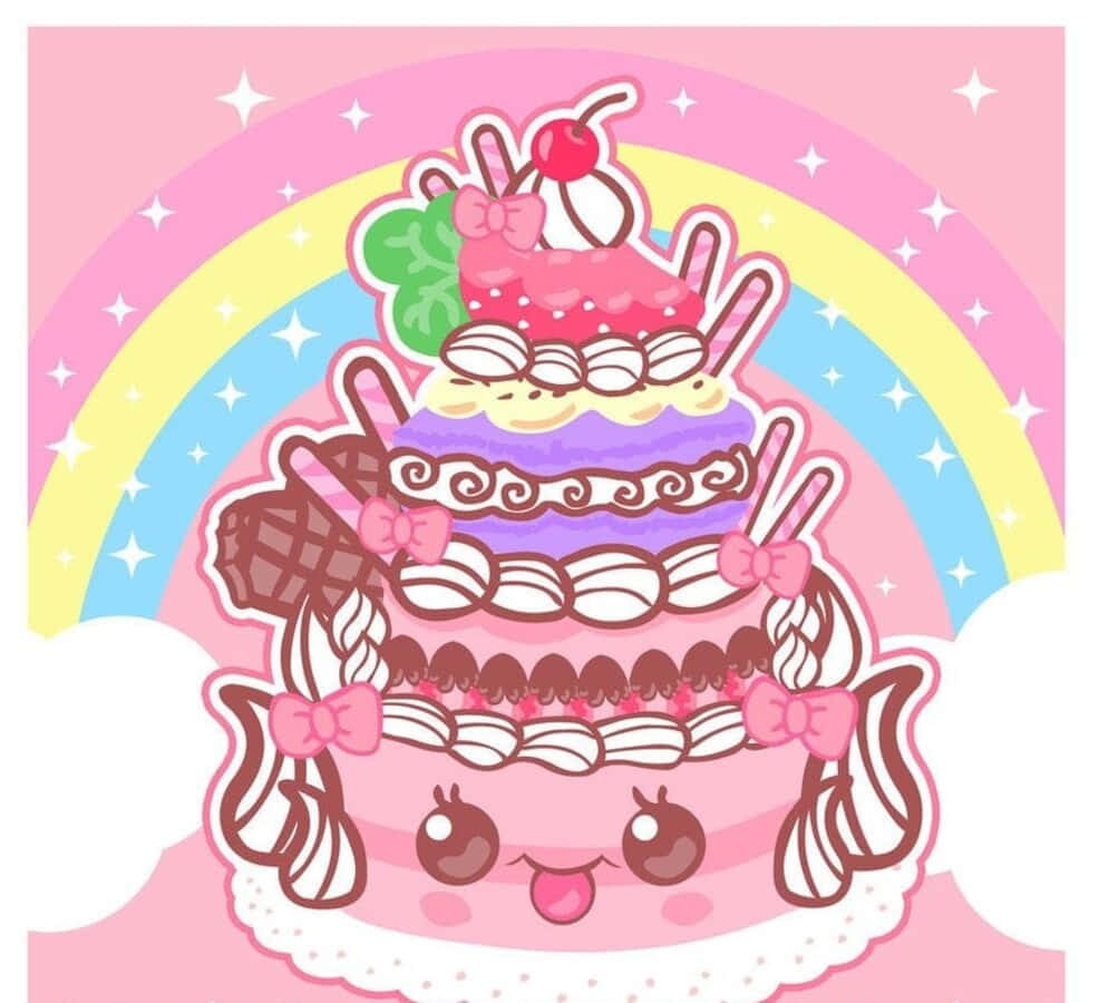 kawaii cartoon cake, pink bows, rainbow background sparkles, SD Desktop Wallpaper