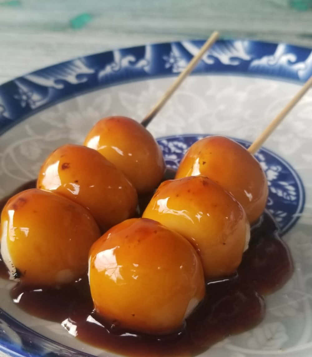 Japanese Sweets, golden dumplings, dark sauce, SD Phone Wallpaper