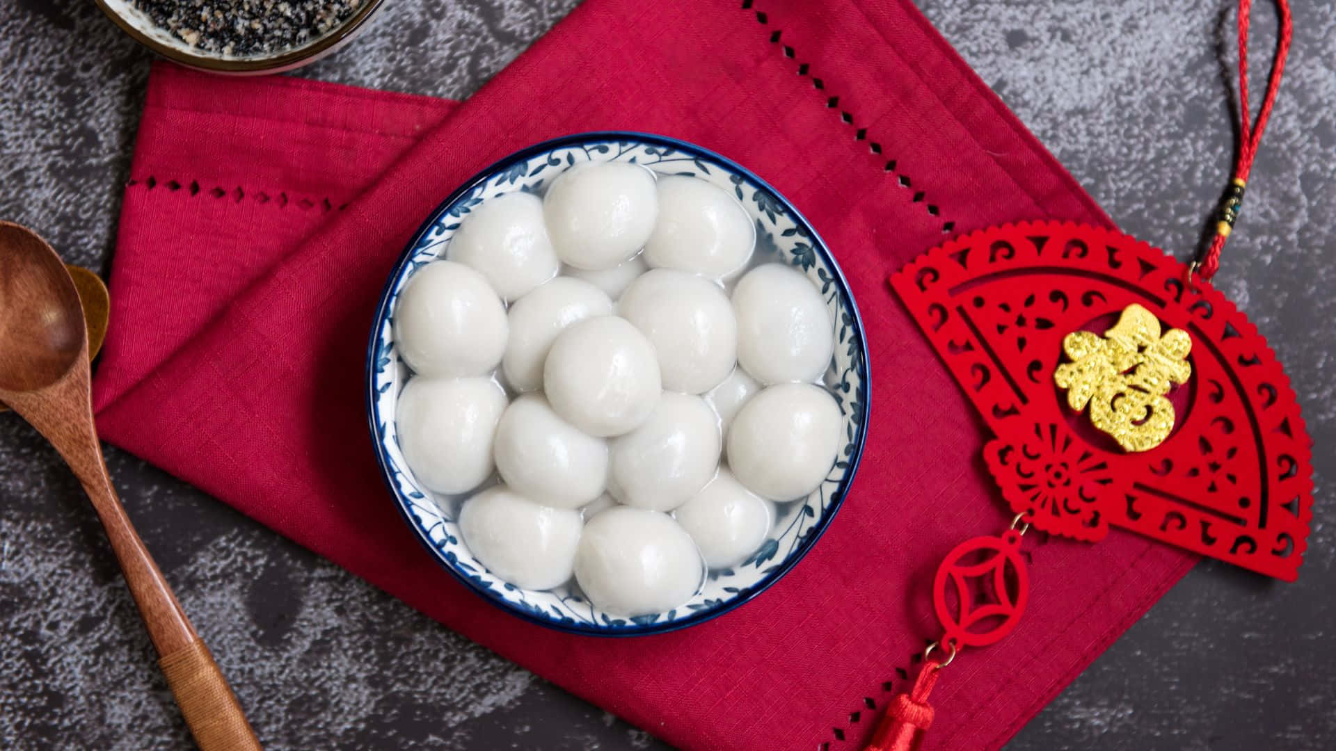 traditional tangyuan dessert, white glutinous rice balls, red cloth, Full HD Desktop Wallpaper