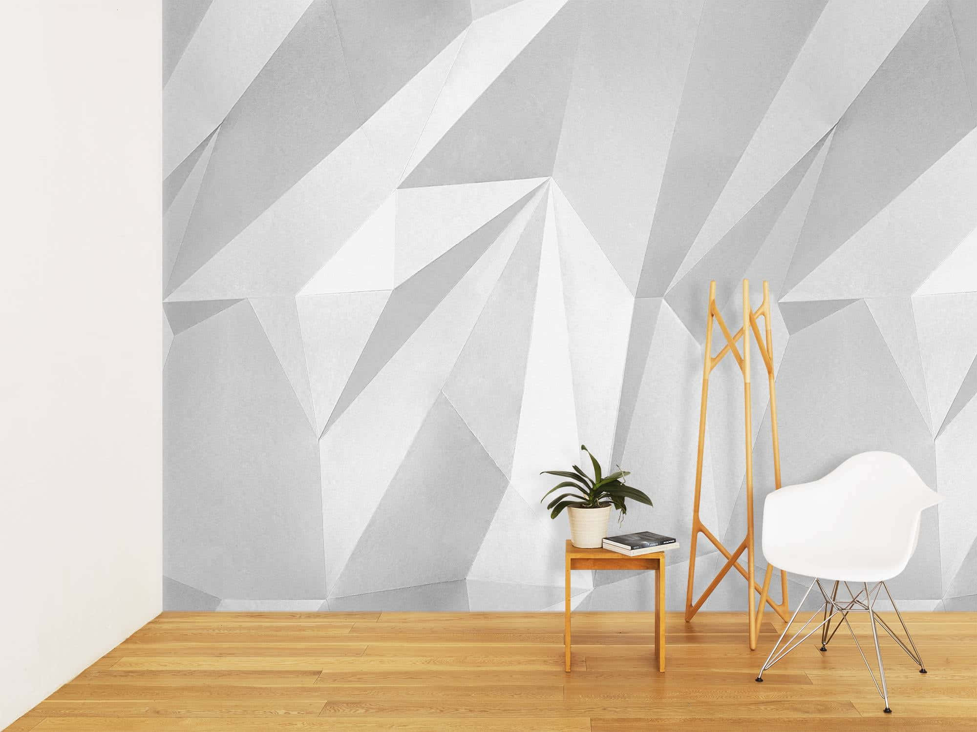 Japanese White Aesthetic, modern minimalist room, geometric gray wall mural, Full HD Desktop Wallpaper