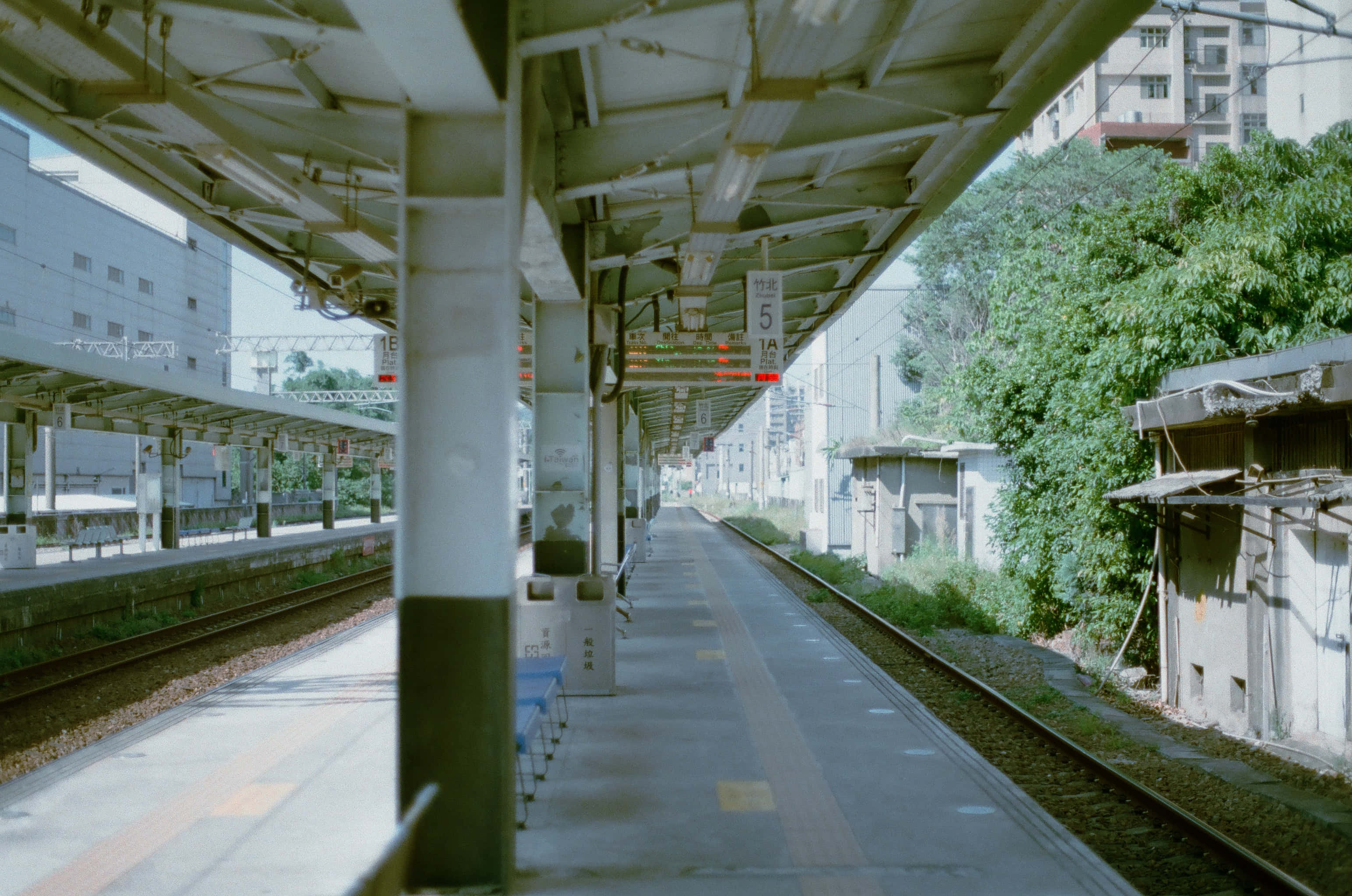 Japanese White Aesthetic, train station platform, soft daylight, 2K Desktop Wallpaper