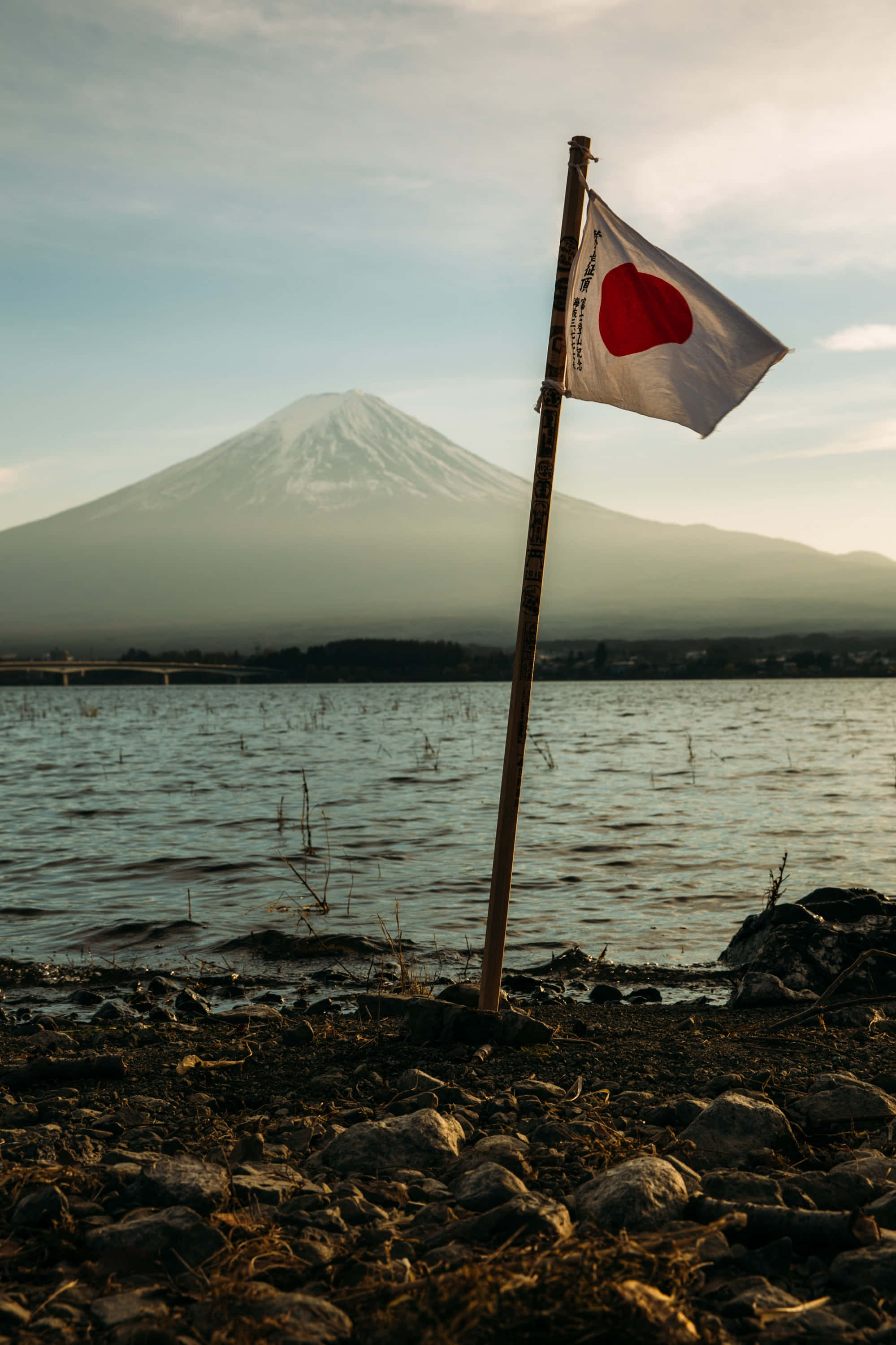 Japanese flag, lake, snow-capped Mount Fuji, 2K Phone Wallpaper