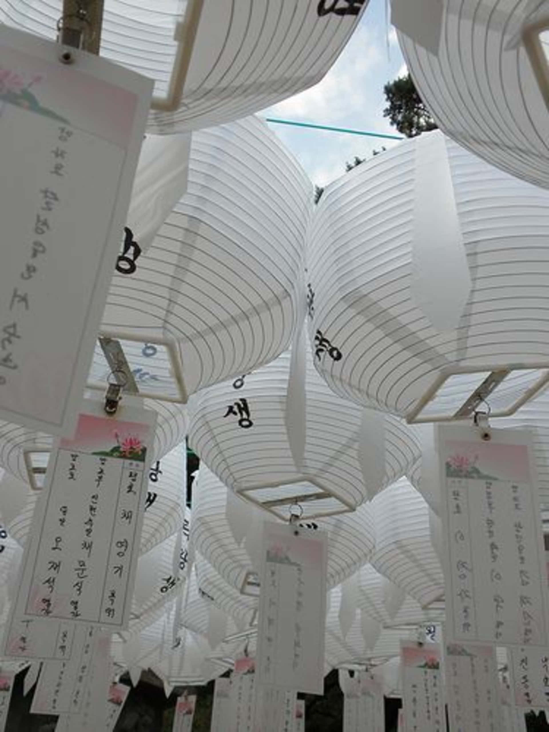 Japanese White Aesthetic, white paper lanterns, handwritten wishes, 2K Phone Wallpaper