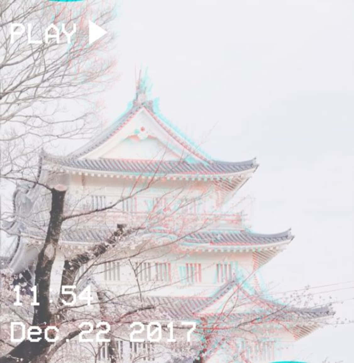 traditional Japanese castle tower, bare cherry blossom branches, pale sky, SD Phone Wallpaper