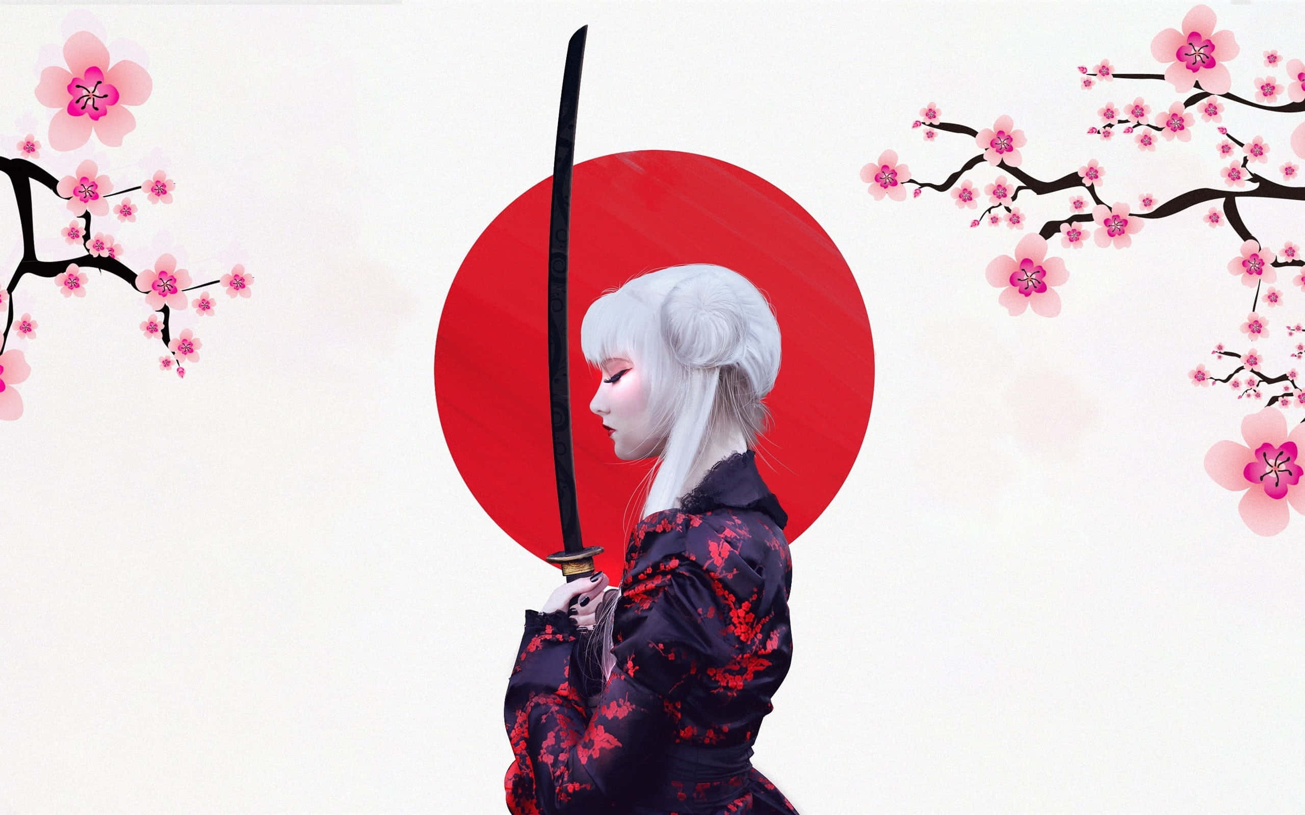 Japanese White Aesthetic, anime-style samurai woman, white hair, 2K Desktop Wallpaper