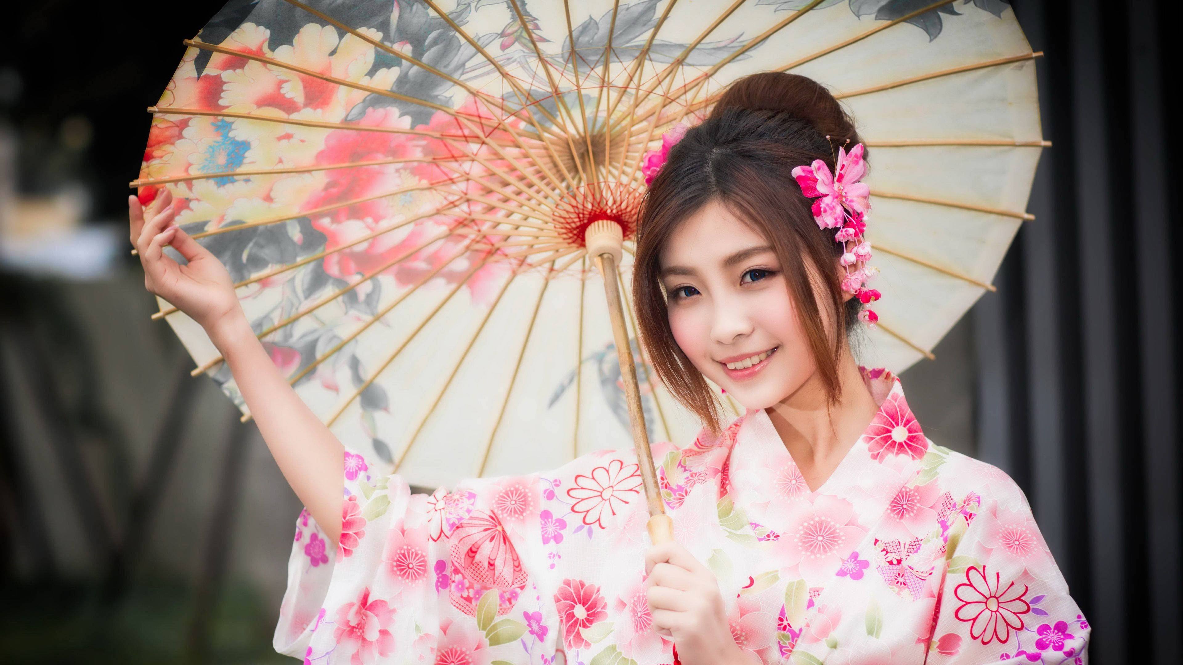pink floral kimono, matching floral parasol, bamboo ribs, 4K Desktop Wallpaper