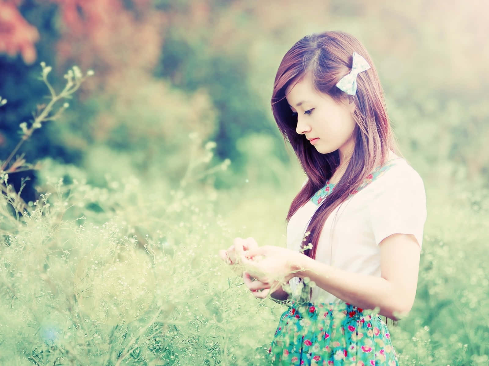 Japanese Women, floral dress, wildflowers, HD Desktop Wallpaper