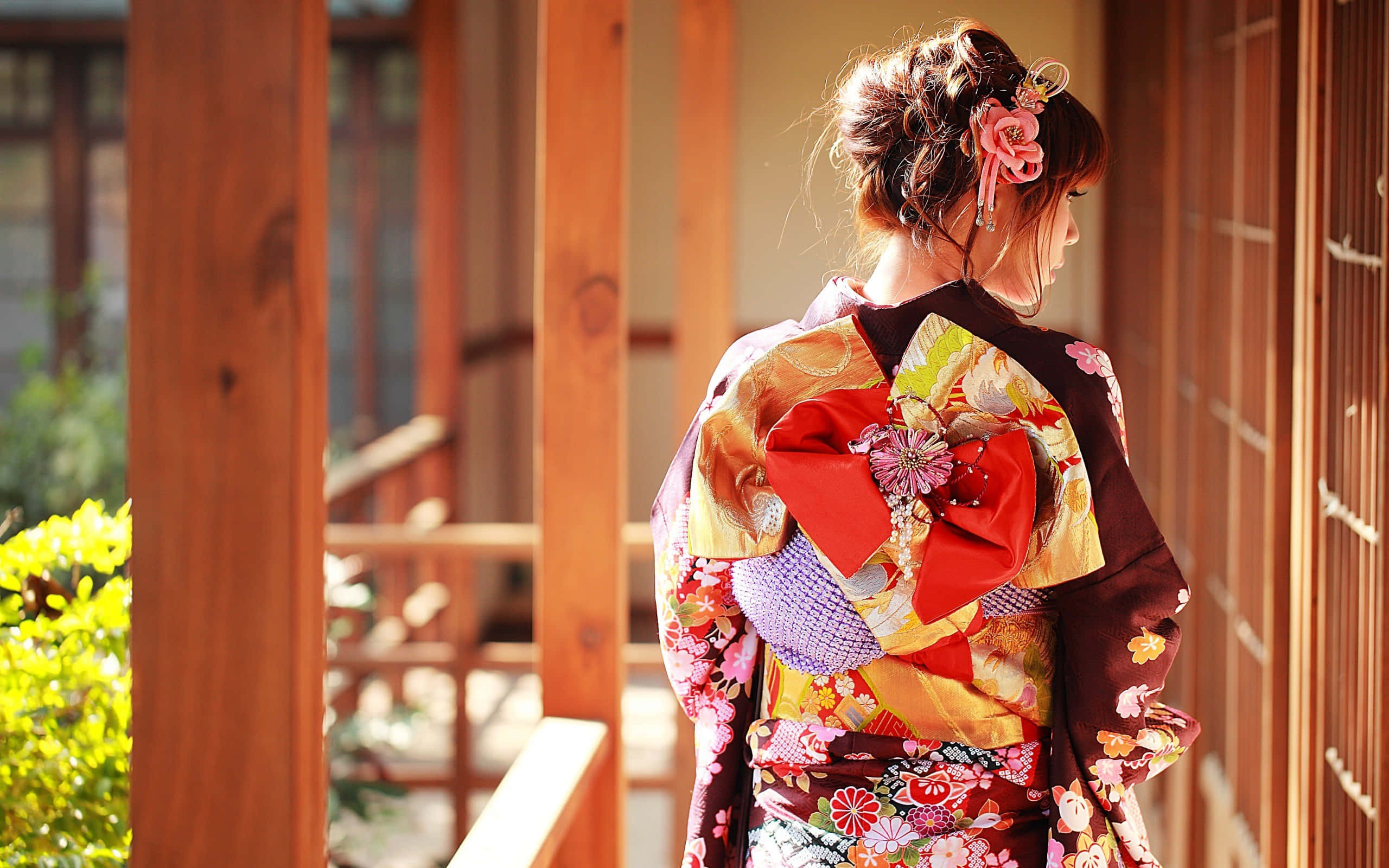floral kimono, red obi, wooden veranda, 2K Desktop Wallpaper