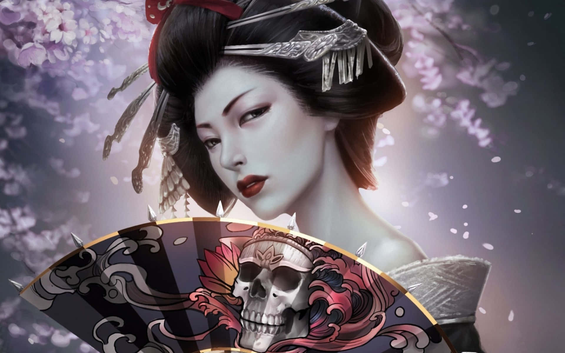 geisha, pale skin, red lips, Full HD Desktop Wallpaper