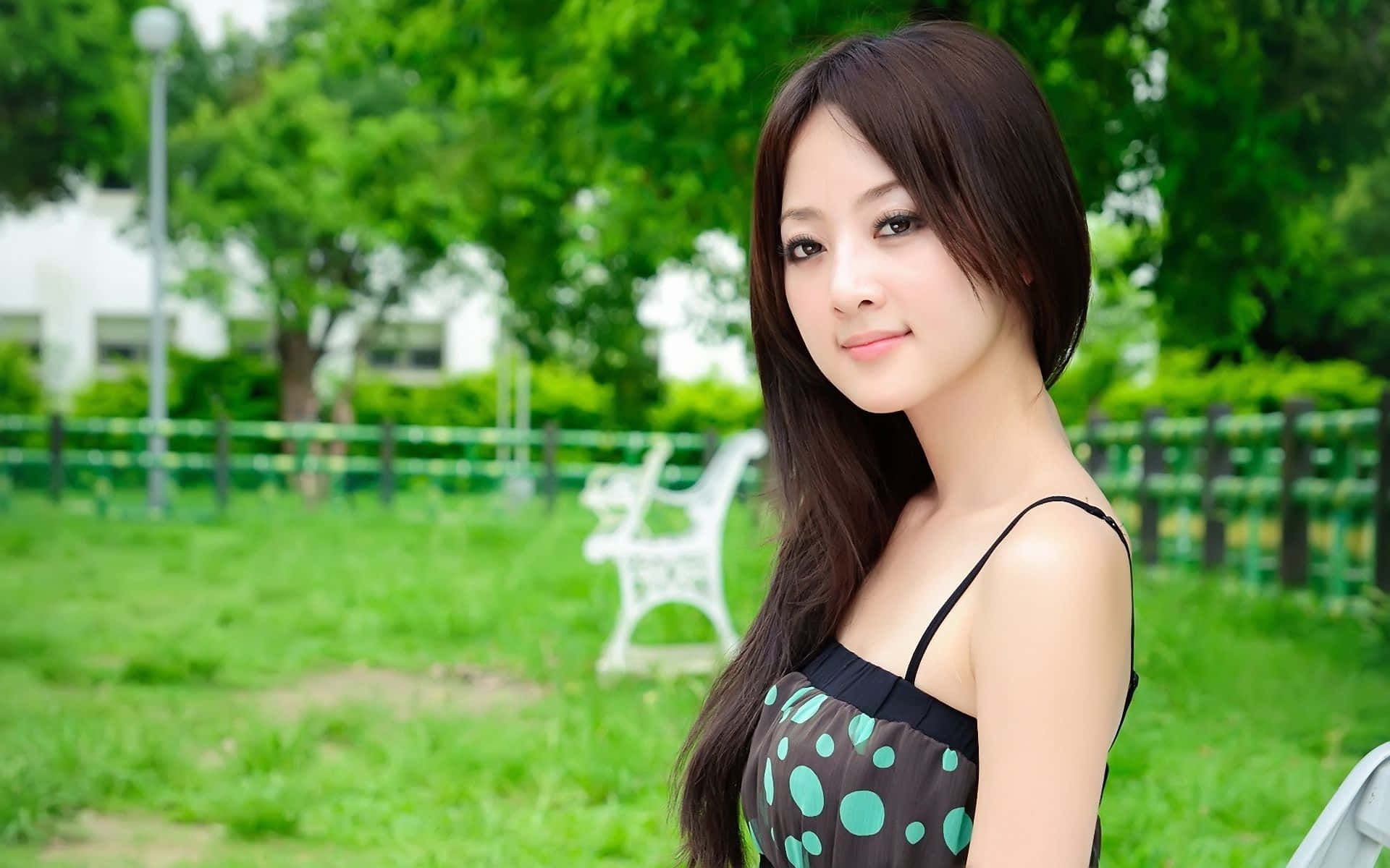 Japanese Women, park, long dark hair, Full HD Desktop Wallpaper