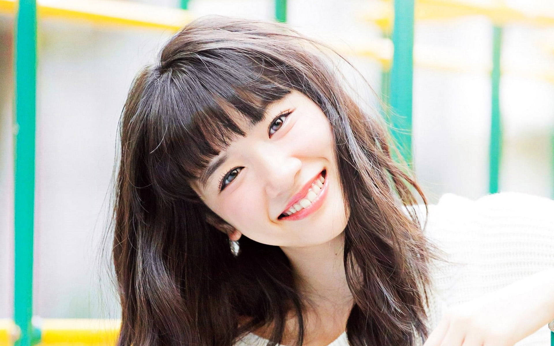 smiling Japanese girl, messy hair, dark hair, Full HD Desktop Wallpaper
